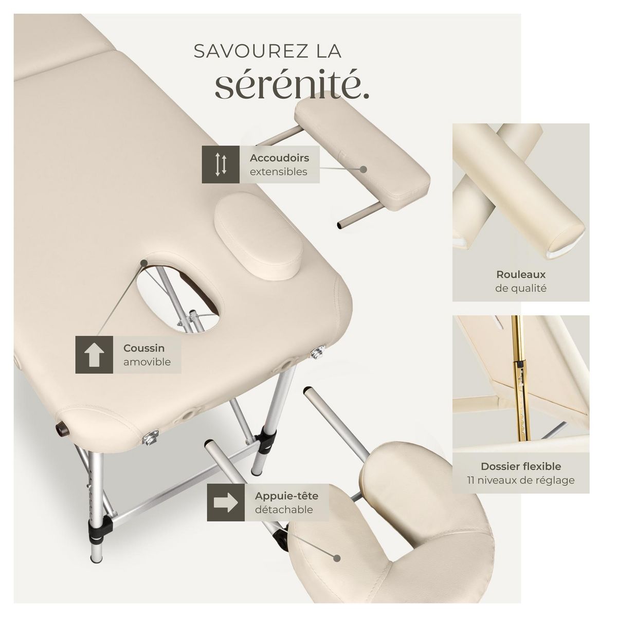 tectake Table de massage portable pliante à 3 zones largeur 60 cm et rembourrage de 5 cm beige