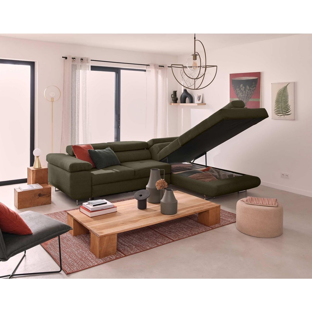 BEST MOBILIER Zaria - canapé d'angle droit - convertible avec coffre et têtières réglables - 5 places - en velours côtelé