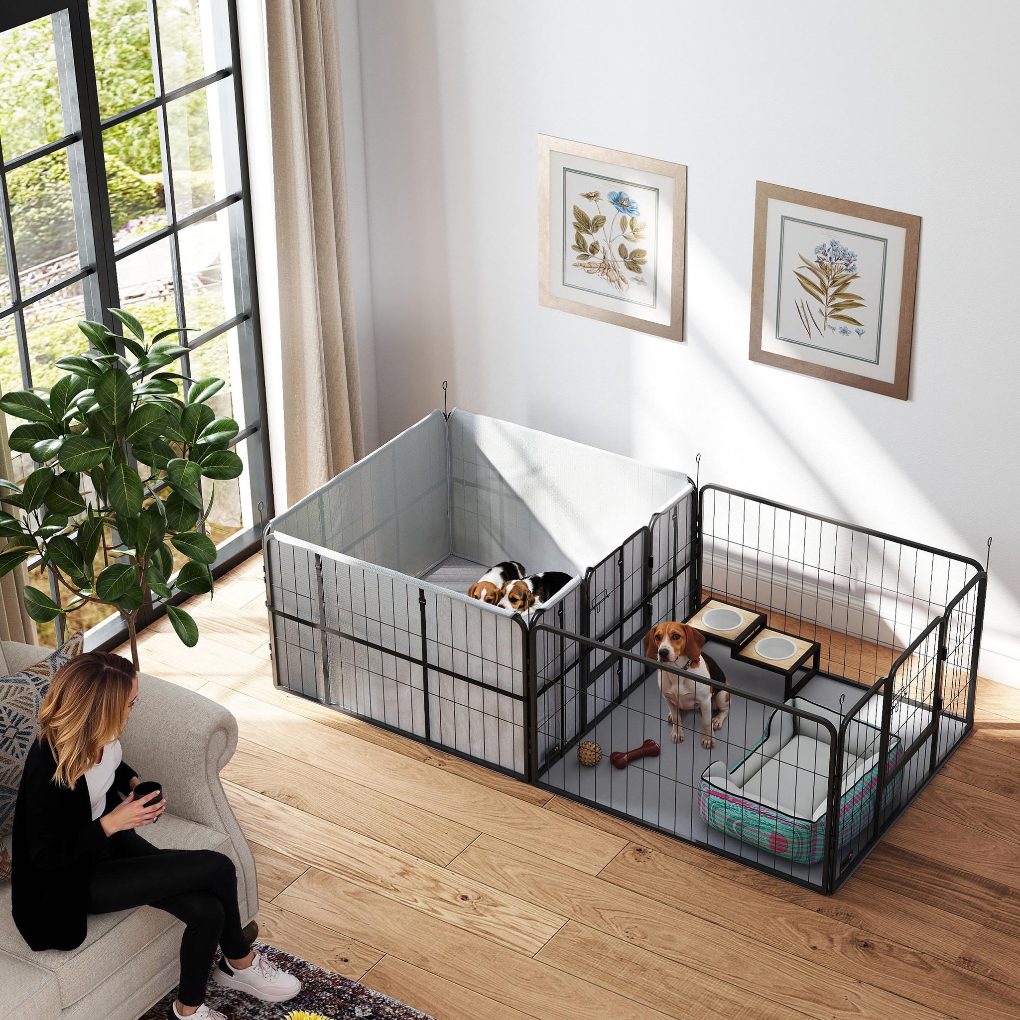 Voir la diapositive 4 : PAWHUT Parc de mise bas pour chien 2 zones séparées toiles tapis gris noir