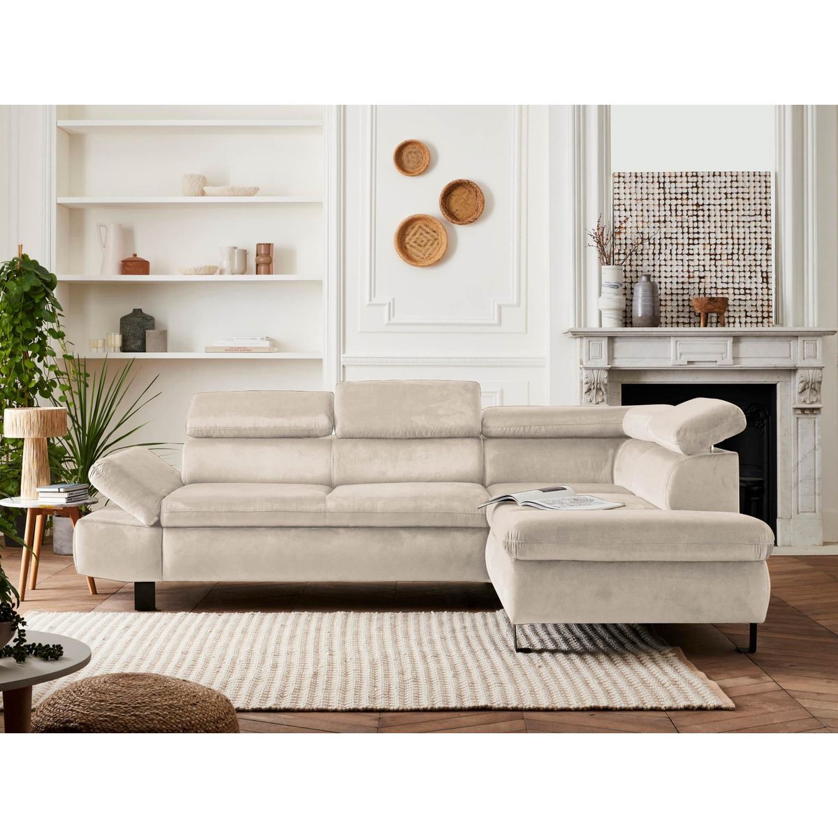 LISA DESIGN Nairobi - canapé d'angle convertible - en velours - 5 places - avec têtières - droit