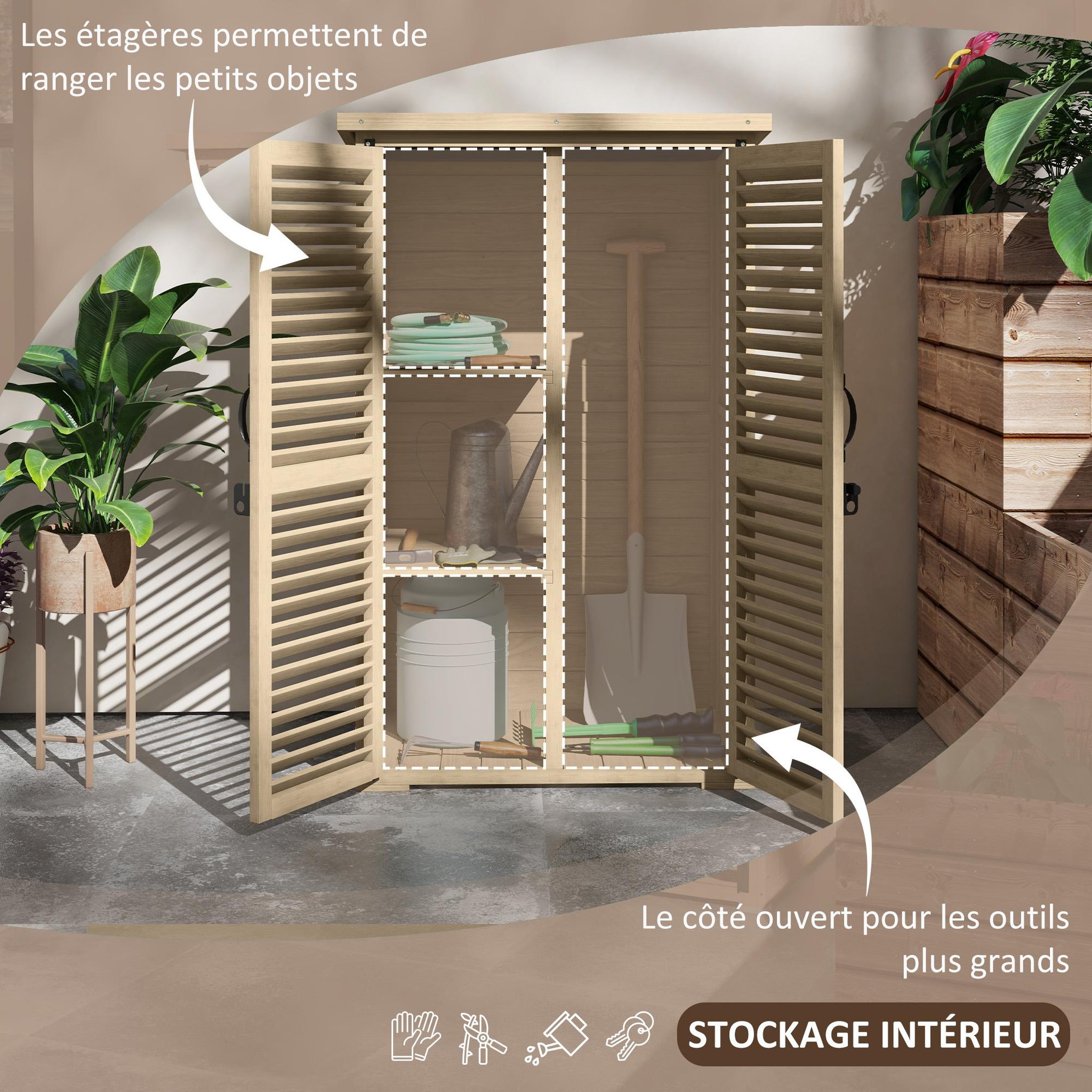Voir la diapositive 4 : OUTSUNNY Armoire de jardin abri de jardin 2 portes persiennes 2 étagères toit bitumé bois sapin pré-huilé