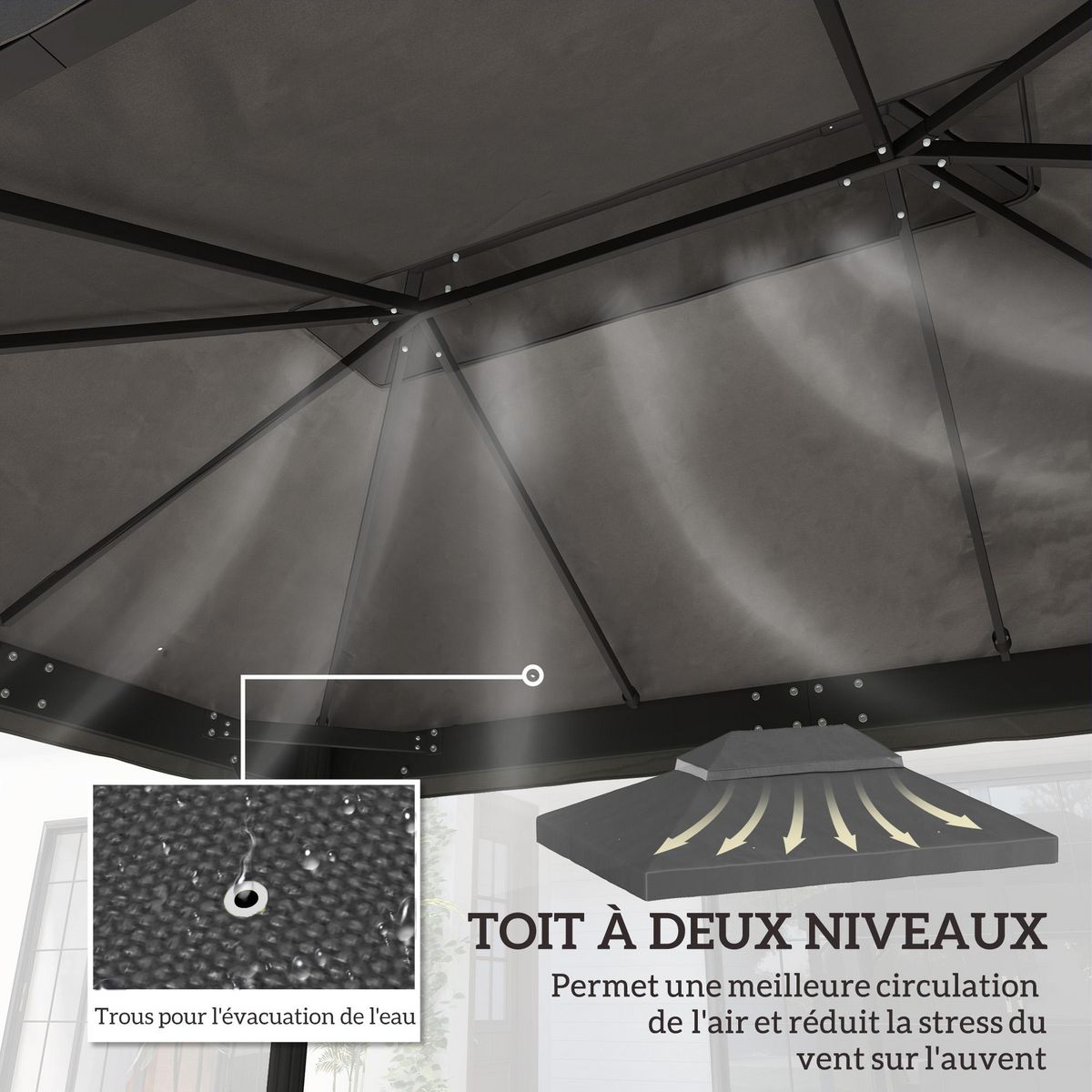 OUTSUNNY Toile de rechange barnum tonnelle 4 x 3 m - toit double avec œillets drainage - polyester haute densité 370 g/m² gris