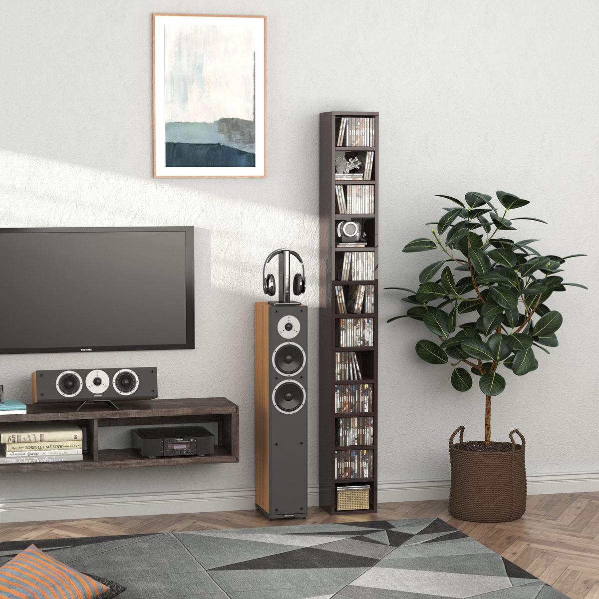 HOMCOM Étagère colonne armoire de rangement CD 12 compartiments 21L x 20l x 175H cm capacité max. 204 CD coloris noyer foncé