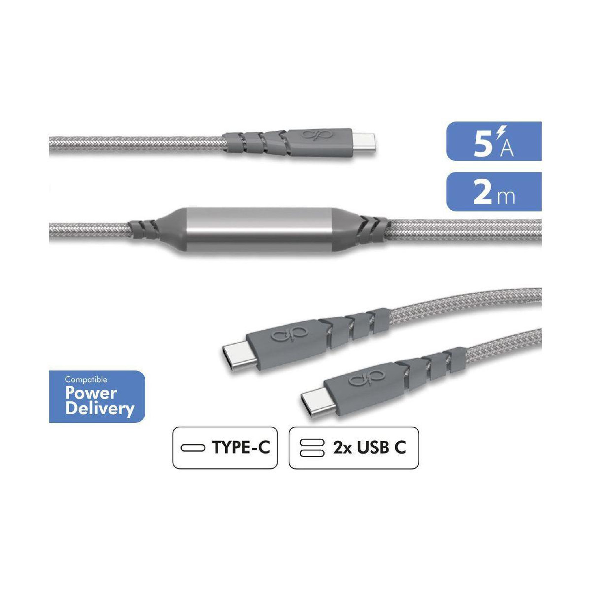 Voir la diapositive 2 : FORCE POWER Câble usb 100w usb-c/ 2 usb-c 2m gris renforcé