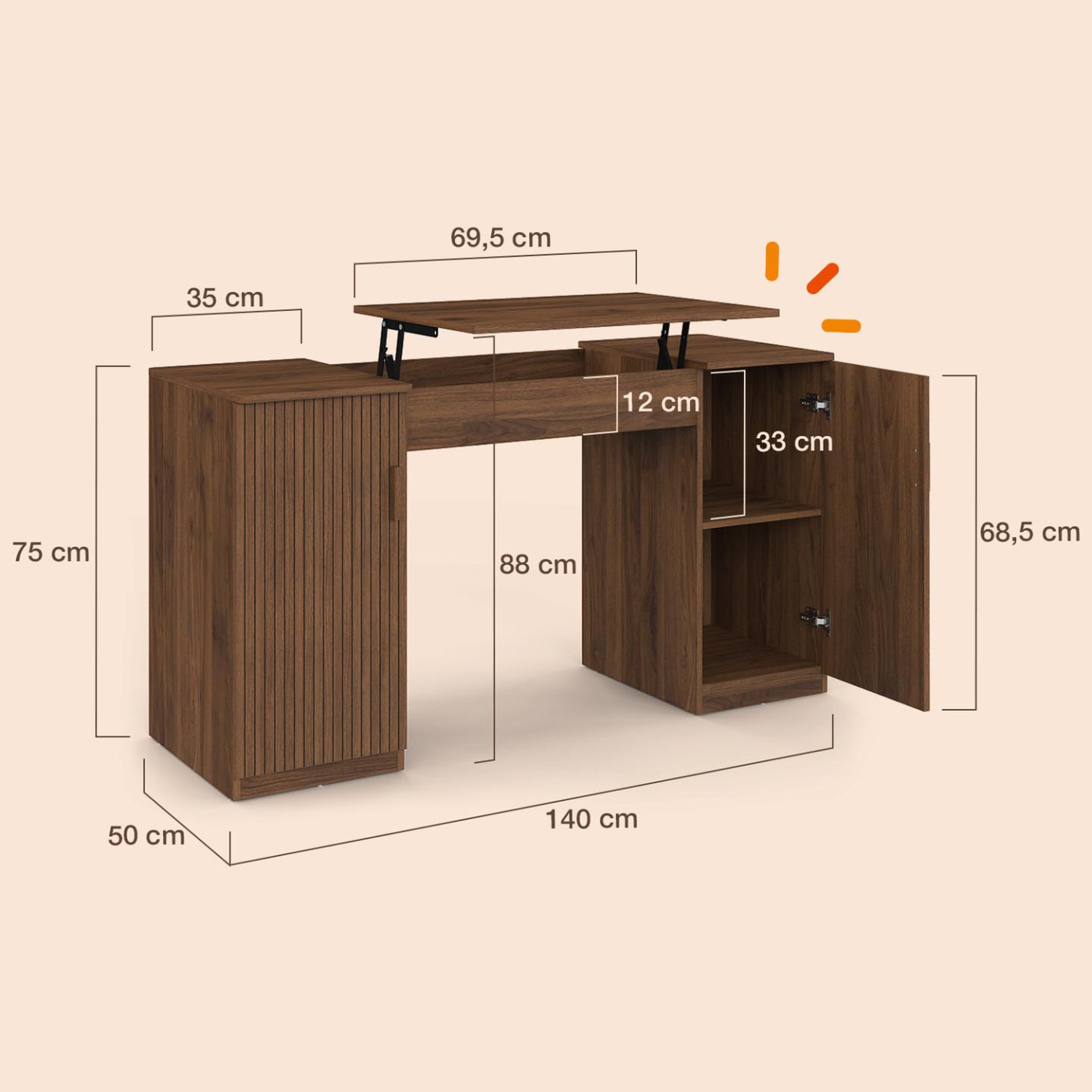 Voir la diapositive 4 : ID MARKET Bureau plateau relevable 140x50 cm JULIETTE 2 portes lattes tasseau bois effet noyer