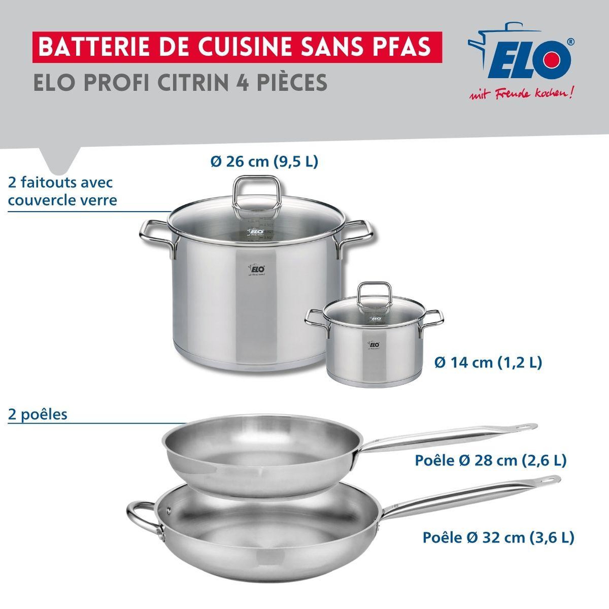 Voir la diapositive 2 : ELO Ensemble de 2 poêles de cuisson 28 et 32 cm et 2 faitouts 14 et 26 cm elo profi citrin