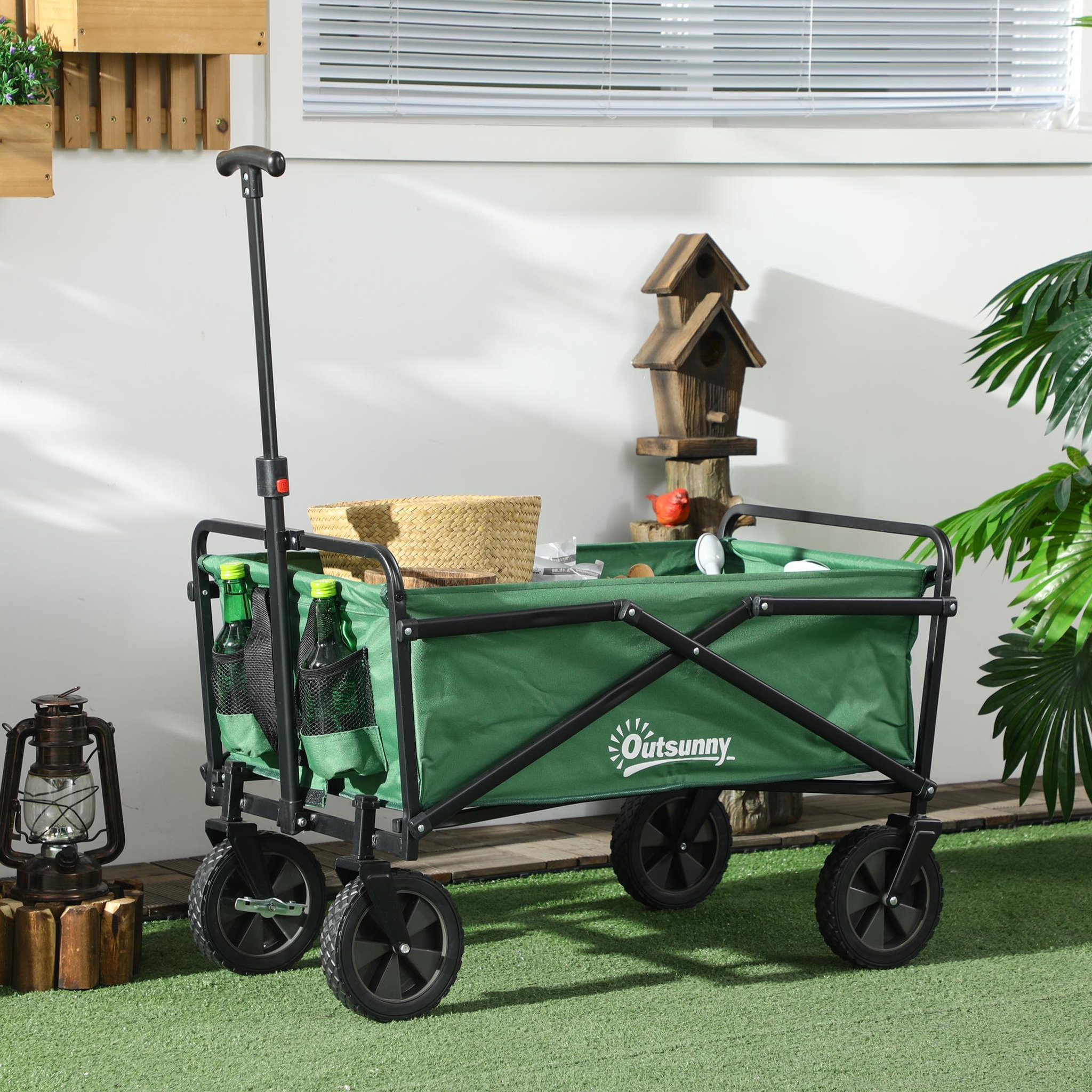 Voir la diapositive 2 : OUTSUNNY Chariot de transport pliable à roulettes - poignée télescopique - max. 40 Kg - métal noir oxford vert