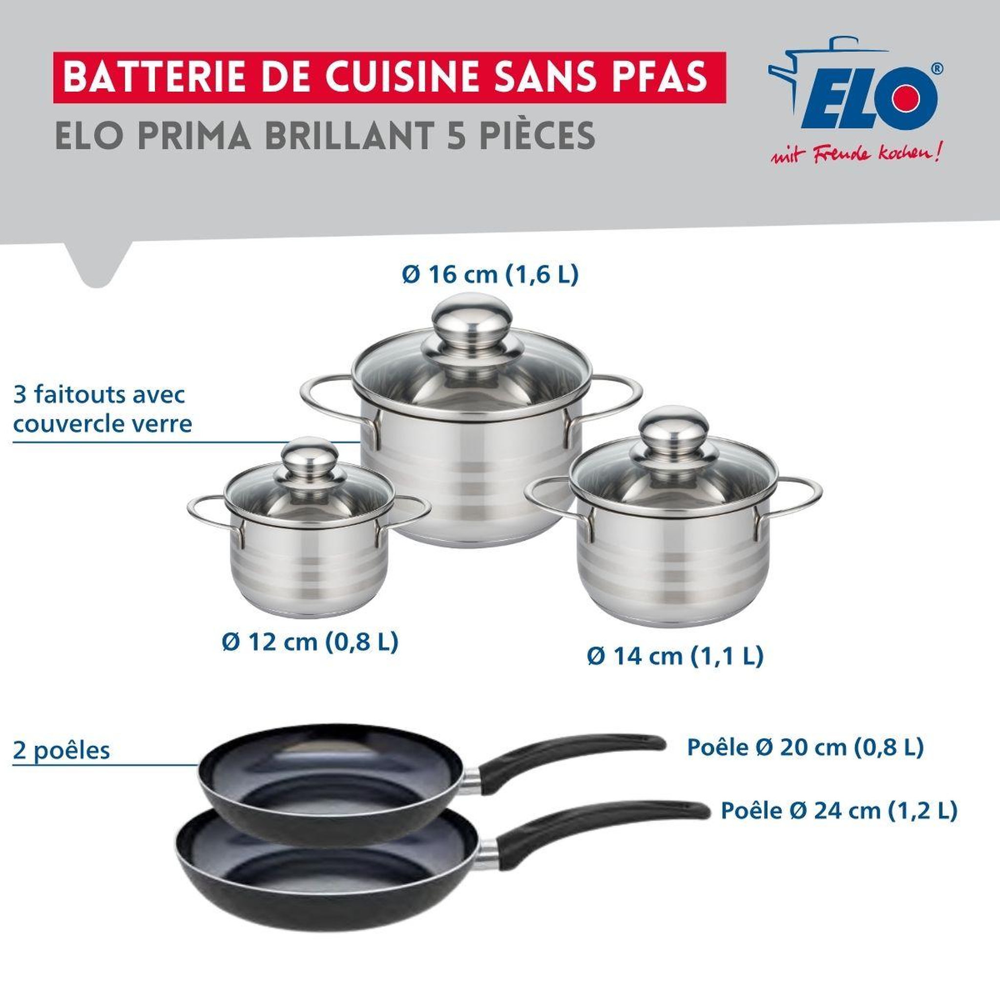 Voir la diapositive 2 : ELO Ensemble de 2 poêles de cuisson 20 et 24 cm et 3 faitouts 12, 14 et 16 cm elo prima brillant