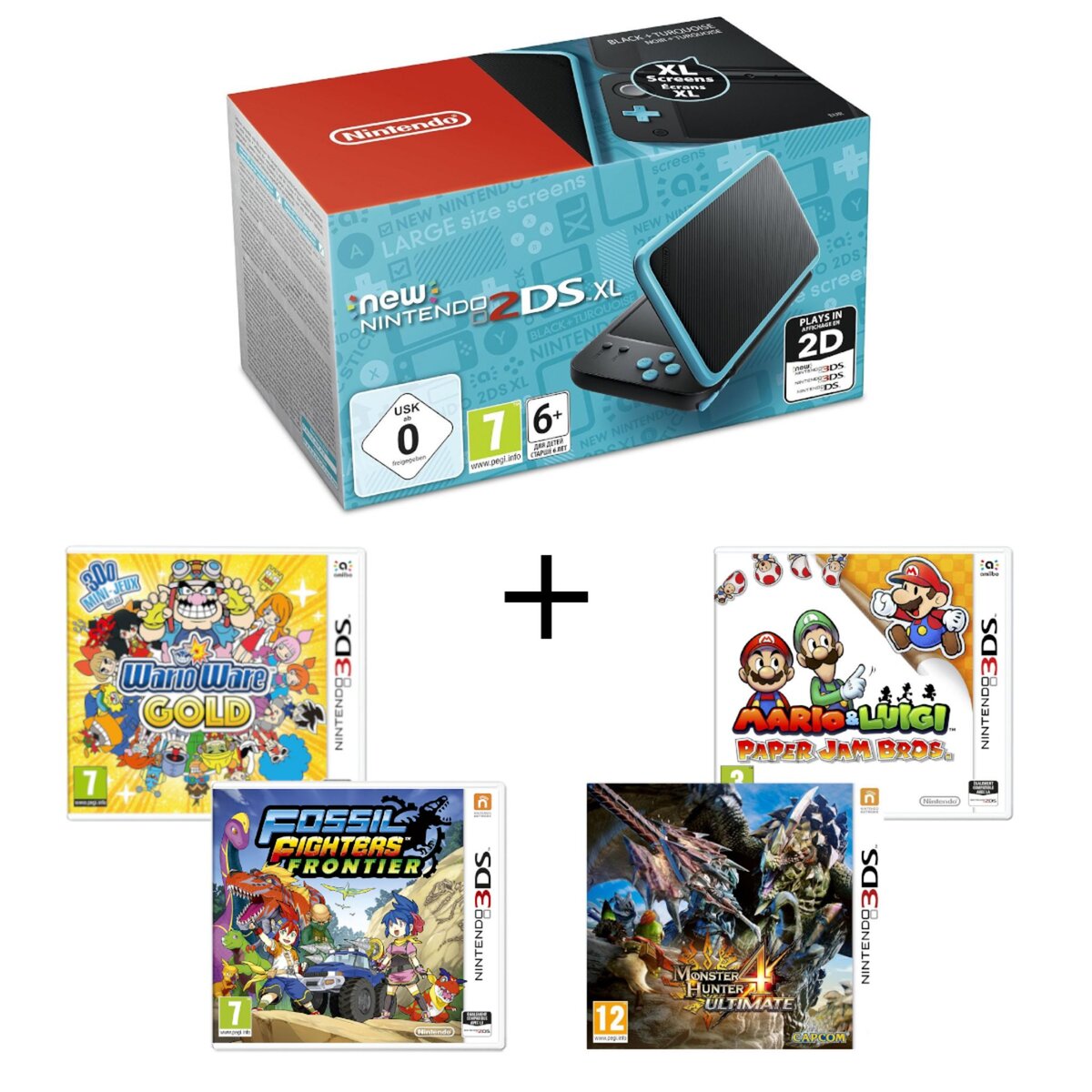 Console New 2DSXL Noir/Turquoise + Warioware Gold + Monster Hunter 4 Ultimate + Fossil Fighter + Mario Paper Jam