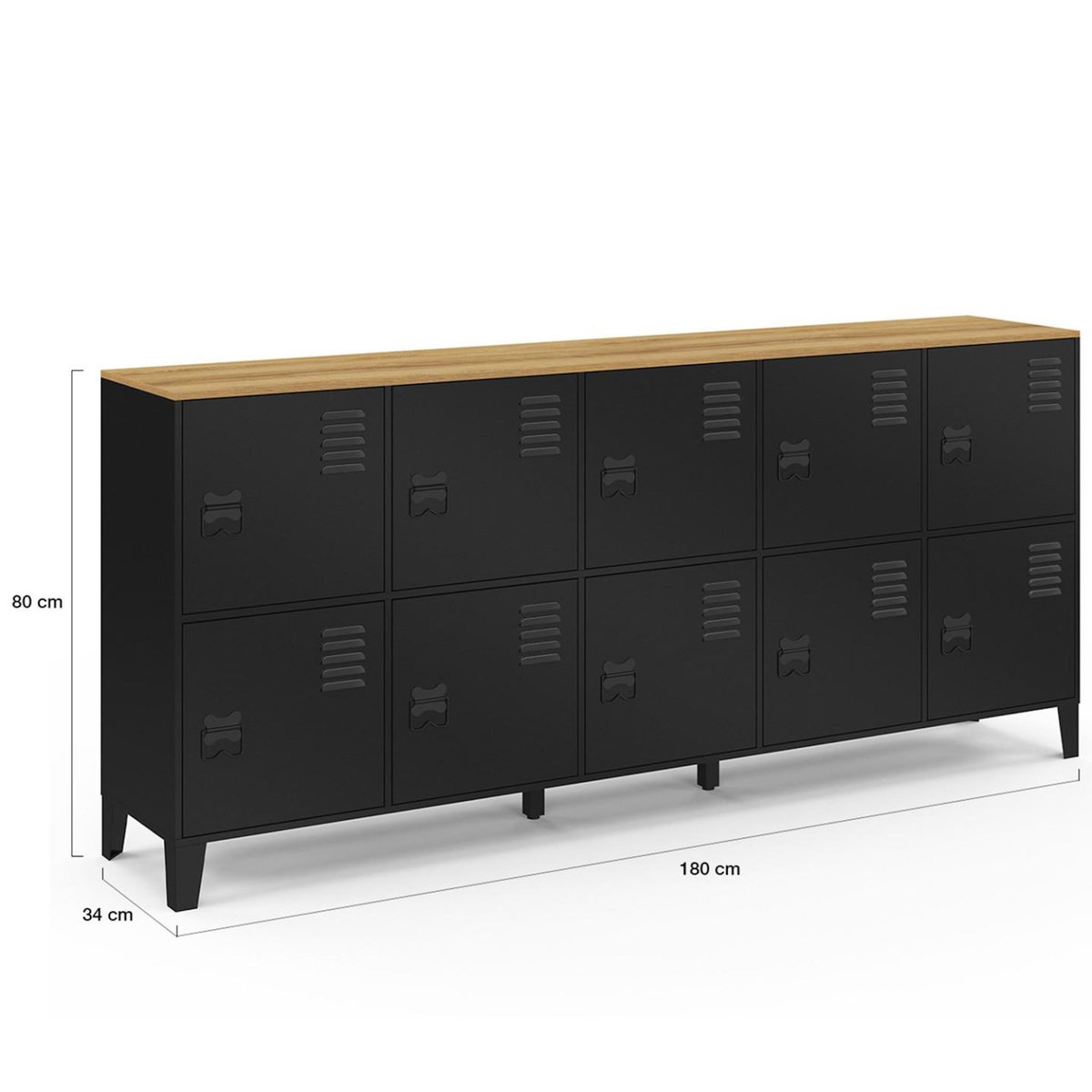 ID MARKET Buffet casier 180 cm ESTER 10 portes en métal noir plateau bois design industriel