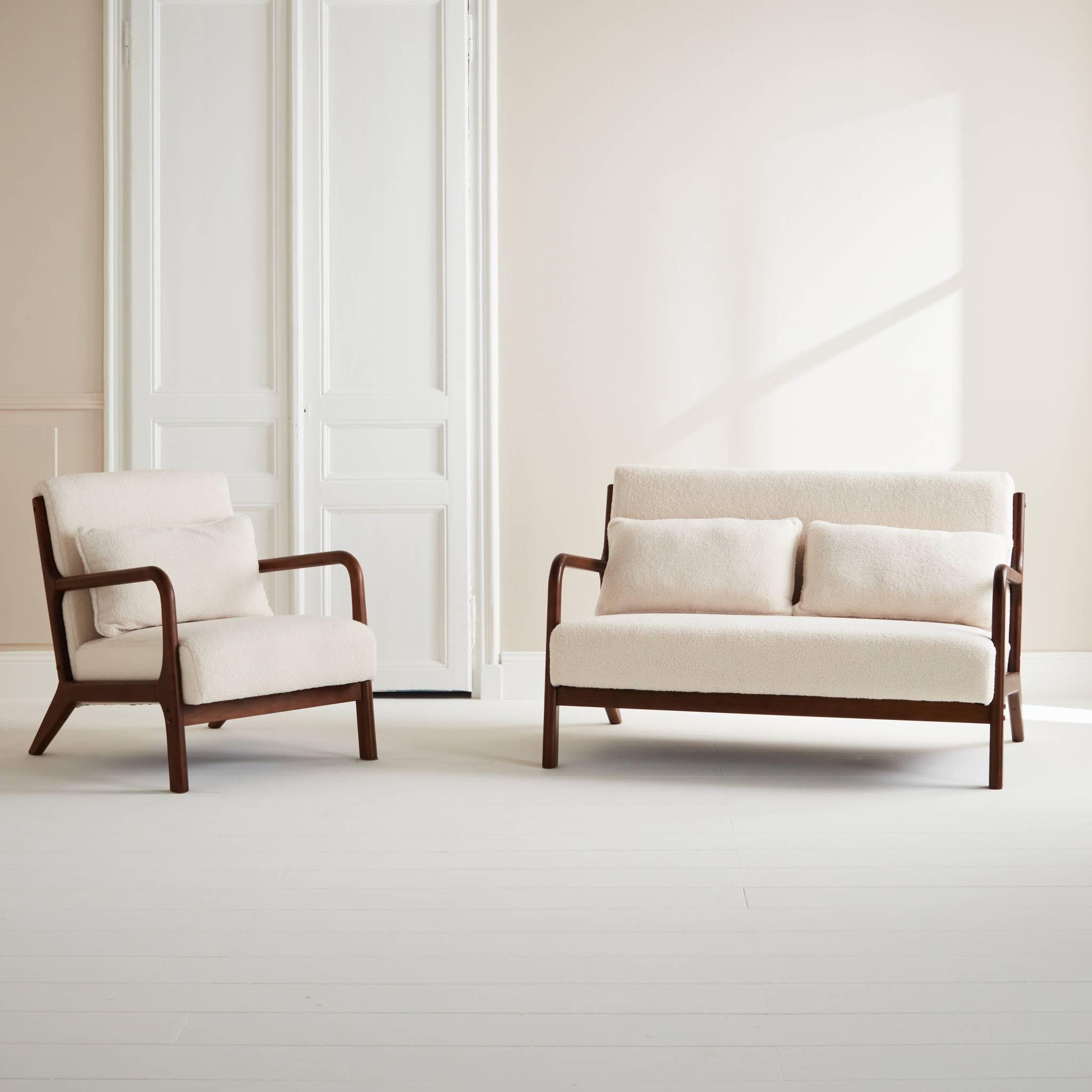 Voir la diapositive 2 : SWEEEK Banquette 2 places + Fauteuil bouclette en bois d'hévéa teinté noyer clair