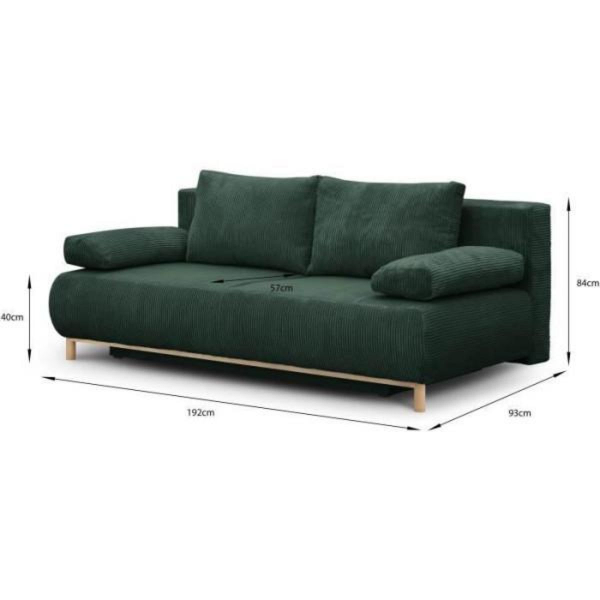 MARKET24 Banquette convertible 3 places MIKA - Velours côtelé Vert foret - Coffre de rangement - L 192 x H 84 x P 93 cm