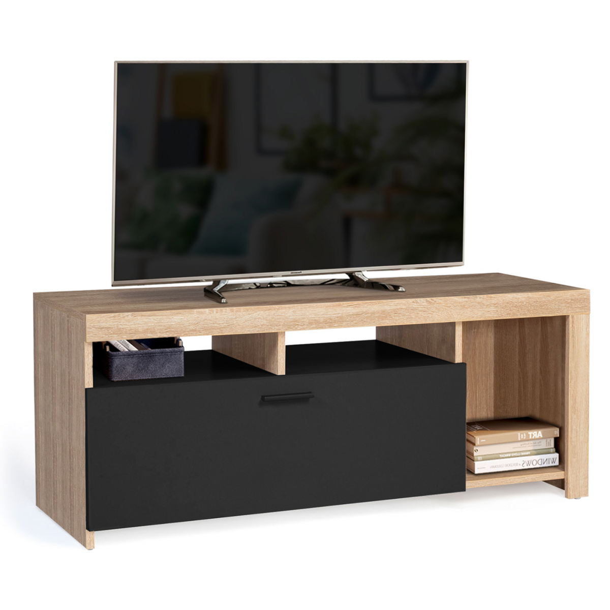 ID MARKET Meuble TV 110 cm MALO bois et placard noir