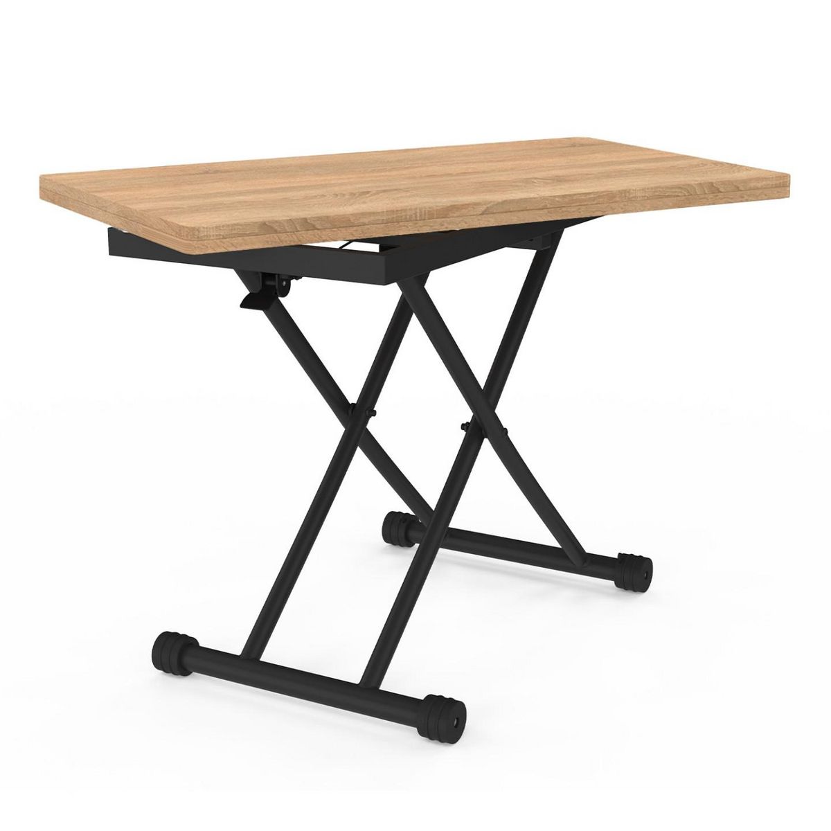 ID MARKET Table basse extensible relevable en table à manger rectangulaire URBANA plateau façon hêtre pied noir design industriel