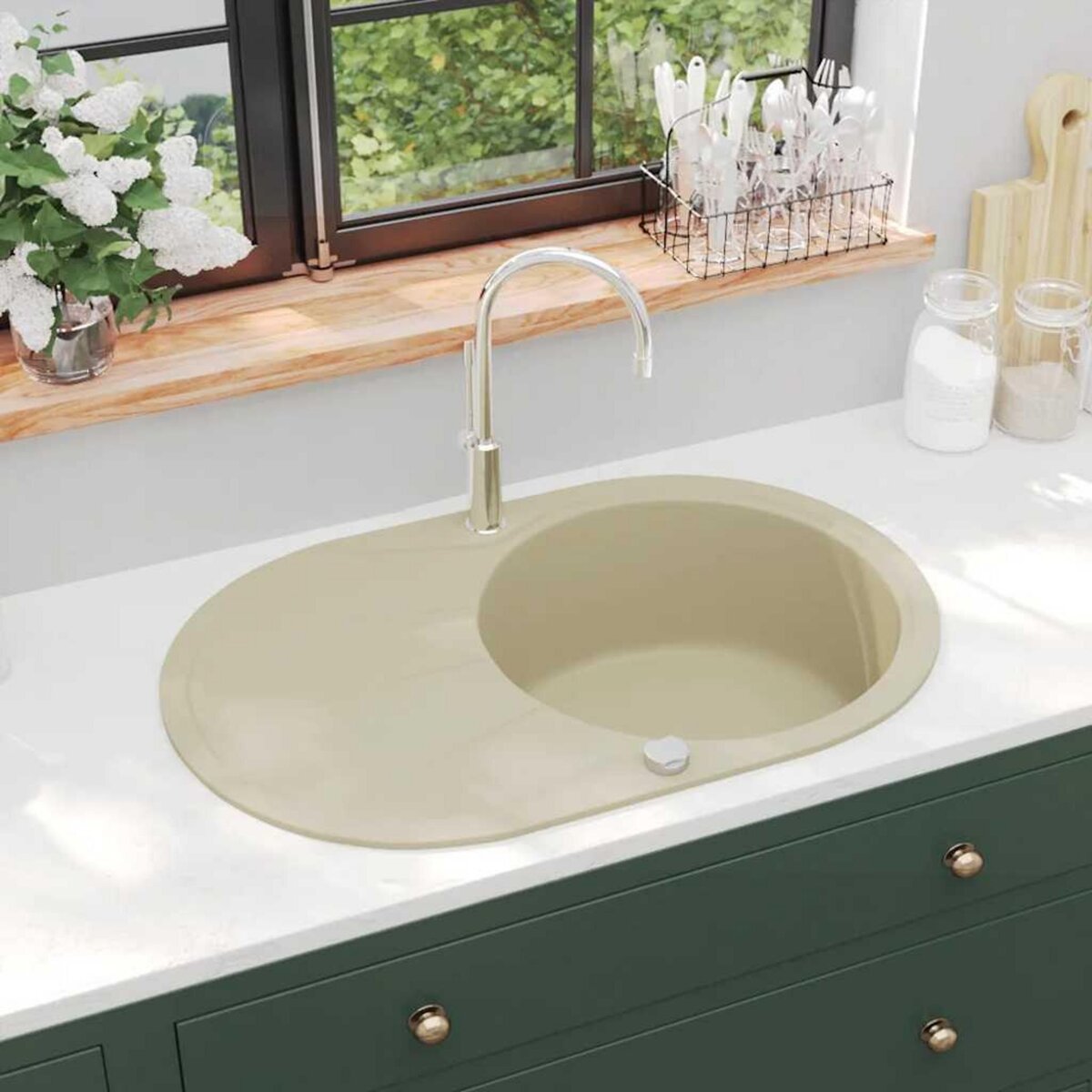 VIDAXL Evier de cuisine Granit Seul lavabo Ovale Beige