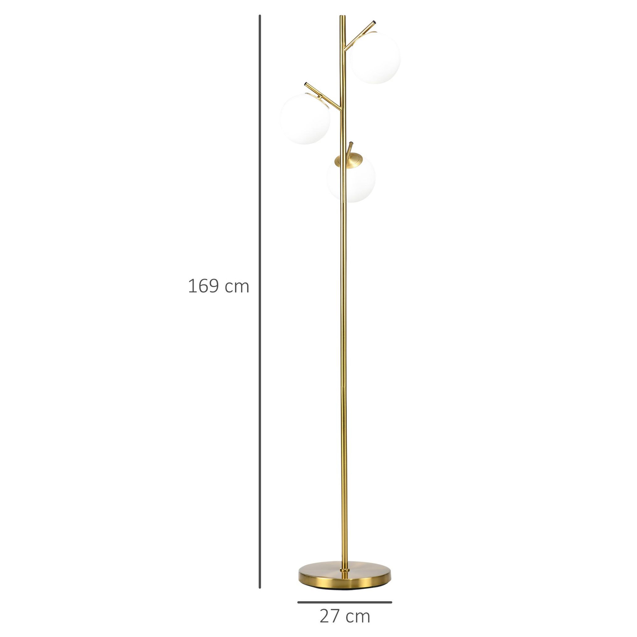 Voir la diapositive 3 : HOMCOM Lampadaire globe design néo-rétro 3 ampoules max. 40 w 169h cm métal doré