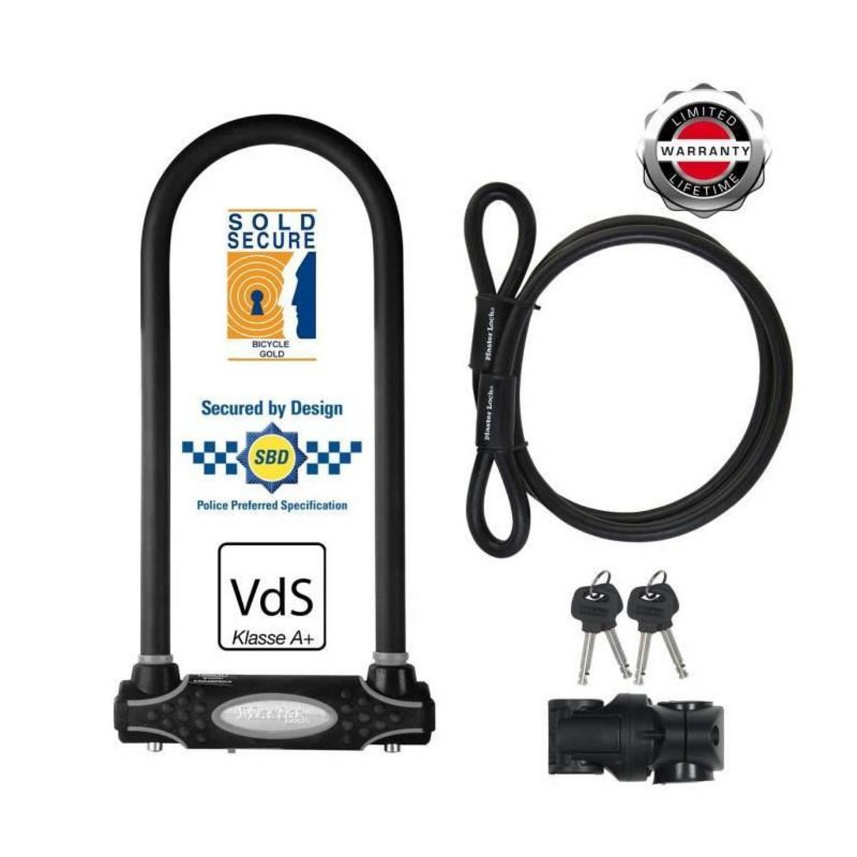 Master lock Antivol U avec Câble [A Clé] [Support de Vélo Universel] [Antivol Certifié] [Modèle XL] 8285EURDPRO