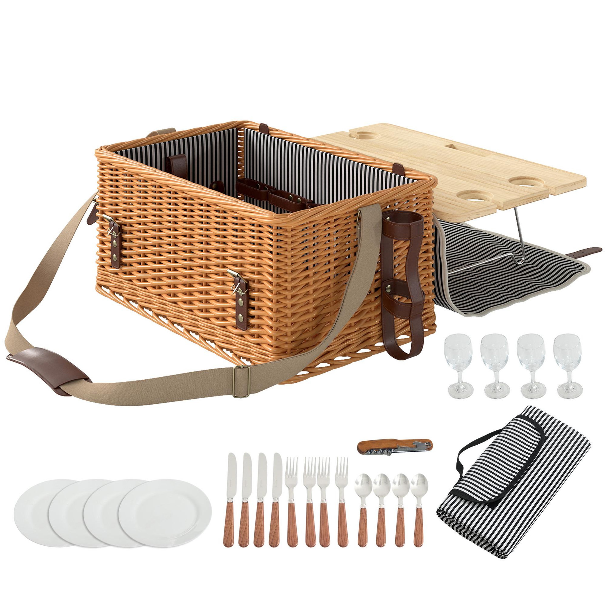 Voir la diapositive 2 : OUTSUNNY Panier de pique-nique en osier ensemble panier pique-nique 4 personnes avec petite table et accessoires