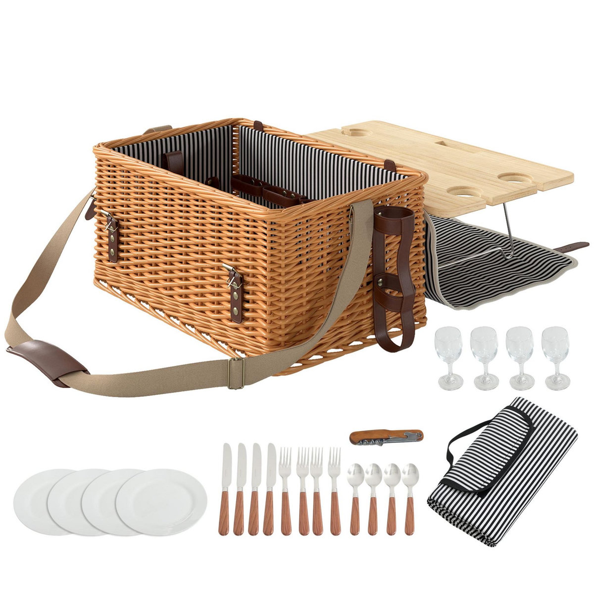 OUTSUNNY Panier de pique-nique en osier ensemble panier pique-nique 4 personnes avec petite table et accessoires