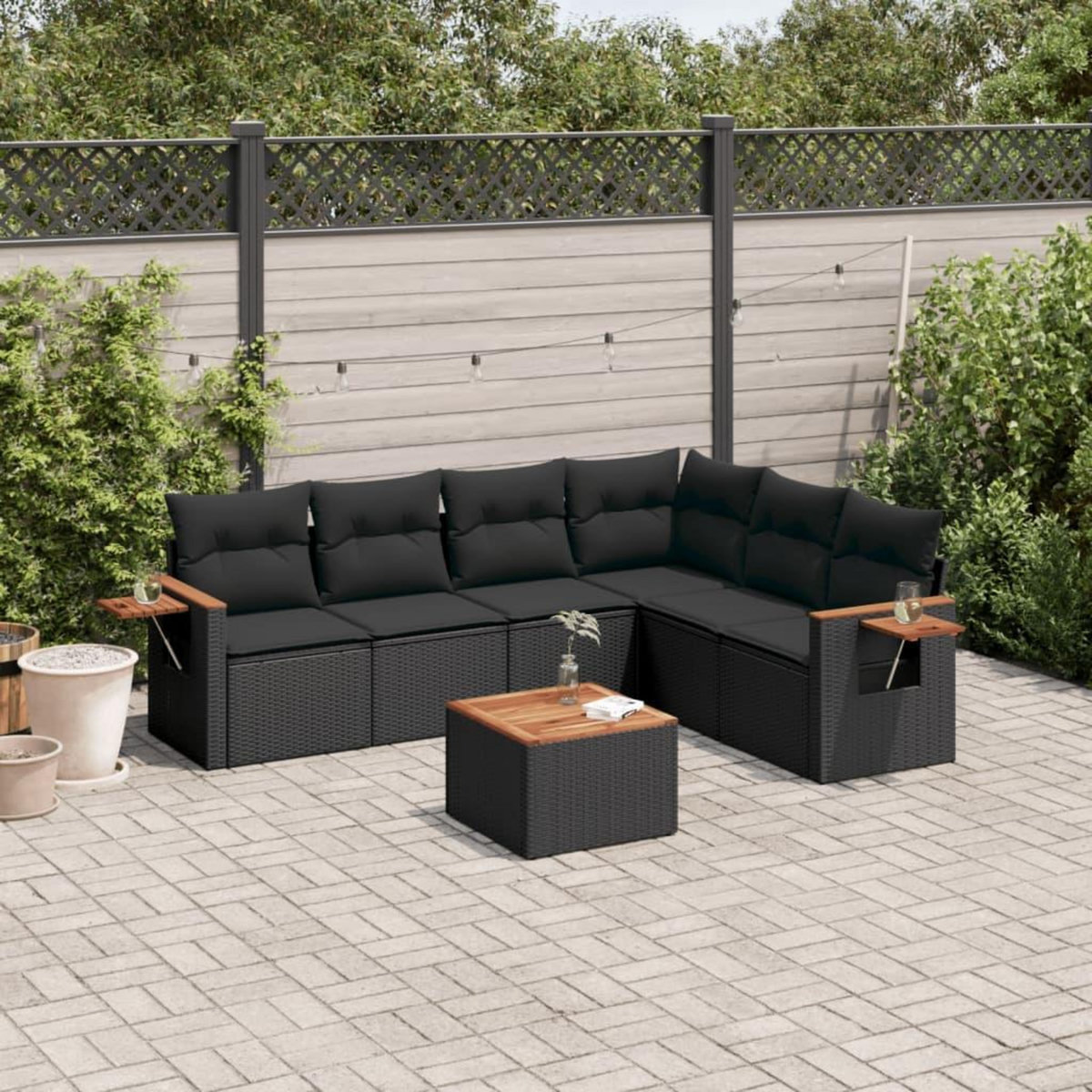 VIDAXL Salon de jardin 7 pcs avec coussins noir resine tressee