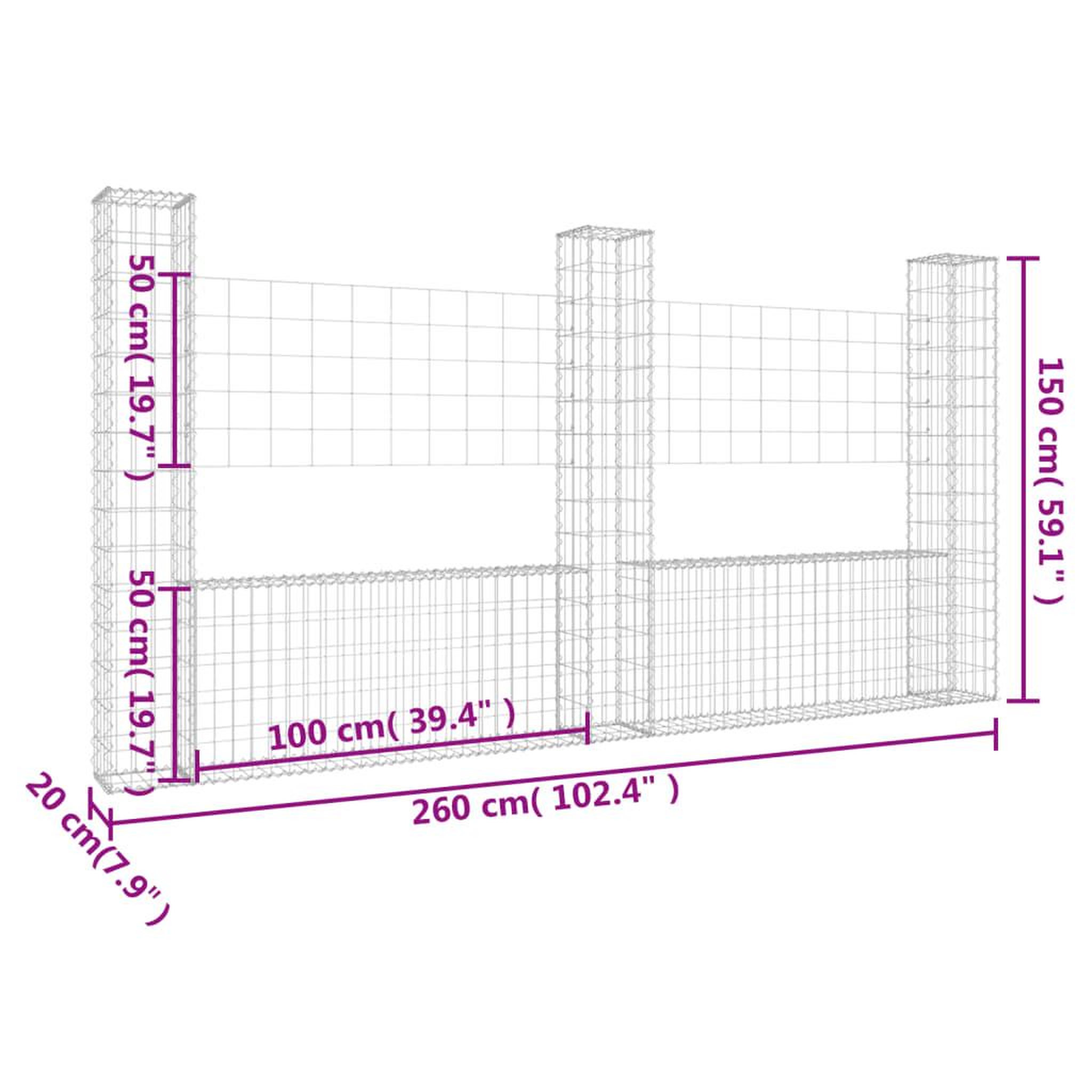 Voir la diapositive 6 : VIDAXL Panier de gabion en forme de U avec 3 poteaux Fer 260x20x150 cm