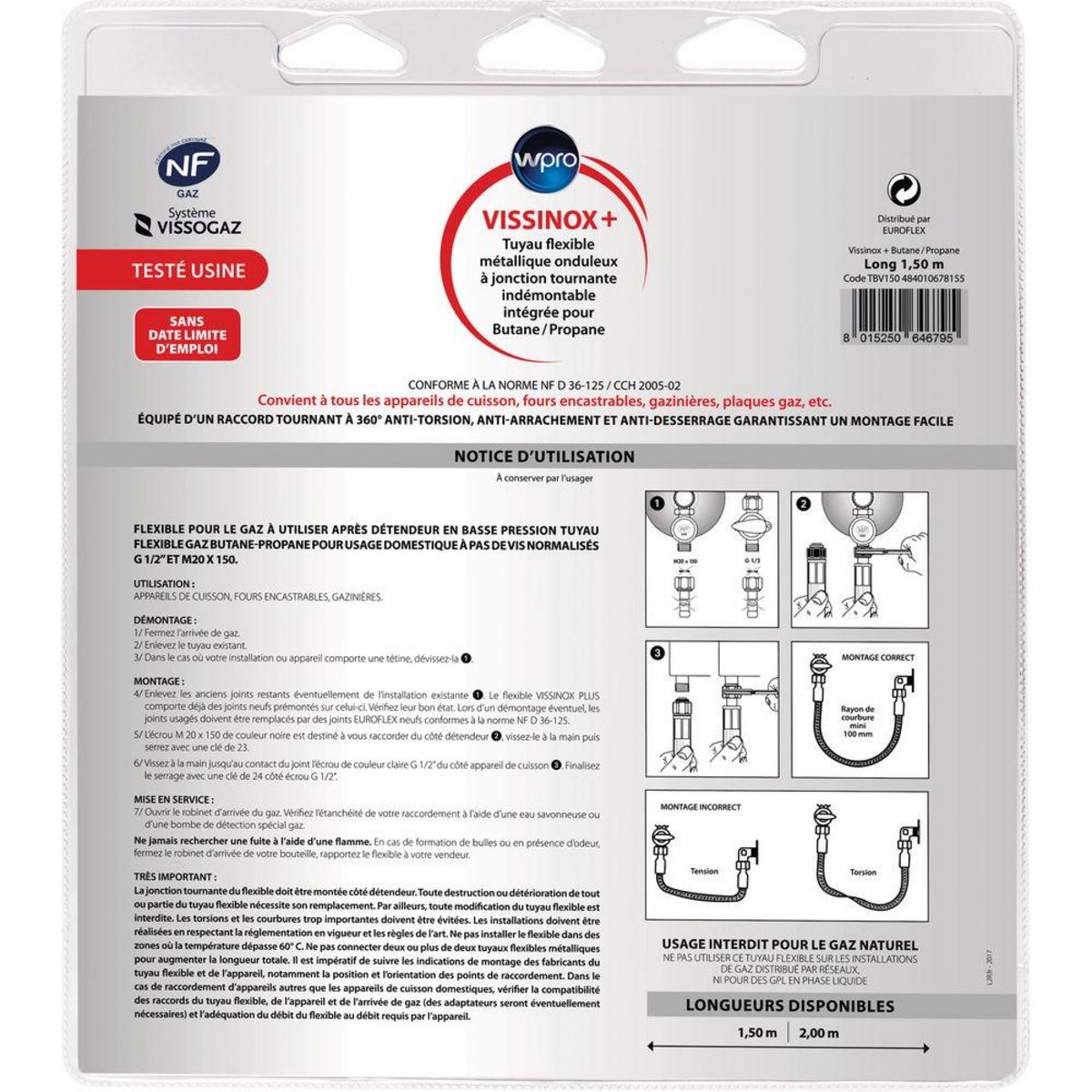 WPRO Flexible gaz inox 1.5cm - tbv150