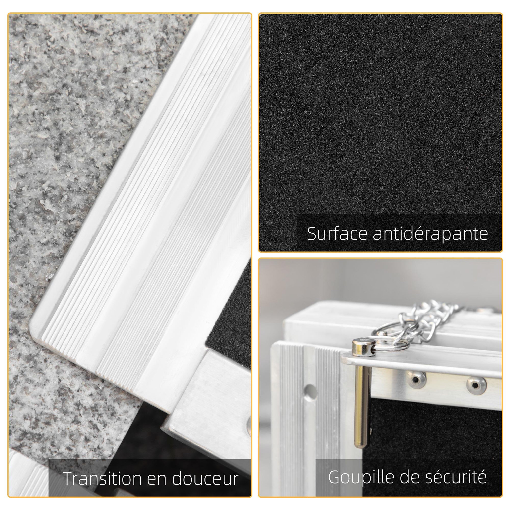Voir la diapositive 5 : HOMCOM Rampe de fauteuil roulant rampe de chargement rampe d'accès antidérapante pliable avec bordures de sécurité max. 270 kg dim. 183l x 73,5l cm alu. Noir