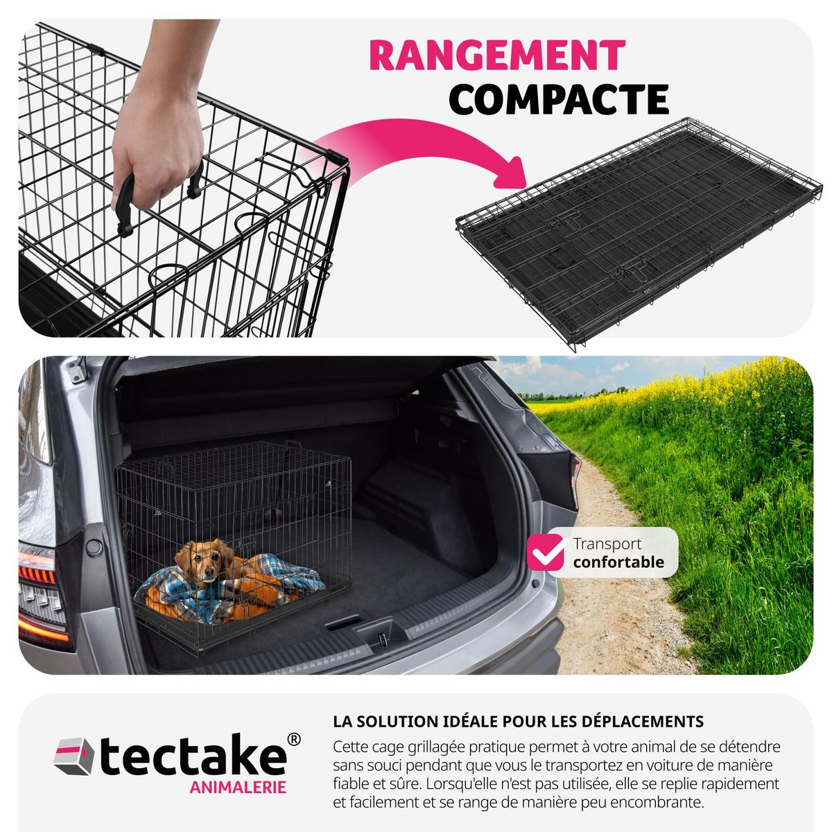 tectake Caisse grillagée pour chien pliable avec 2 poignées de transport noir