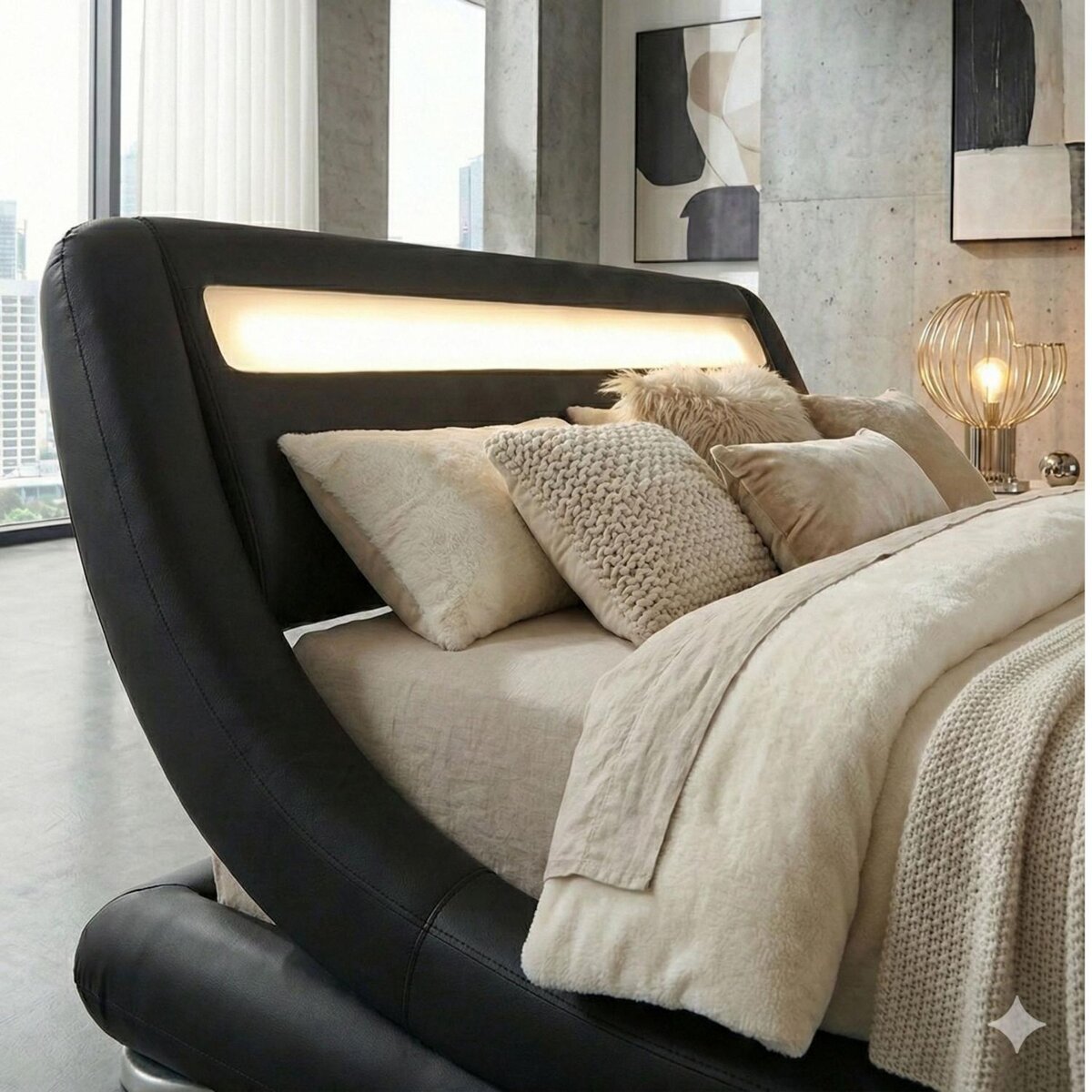 CONCEPT USINE Structure de lit avec LED 160 x 200 cm en PU noir SEATTLE