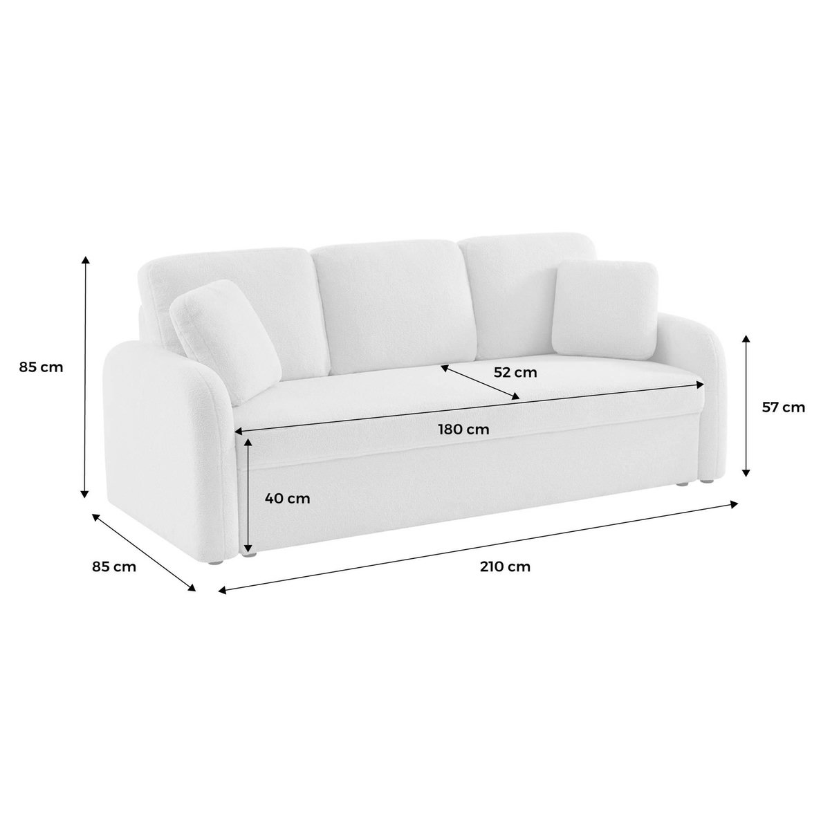 SWEEEK Canapé 3 places cosy rond. tissu bouclettes blanches. Milano. L 210 x P 85 x H 85cm