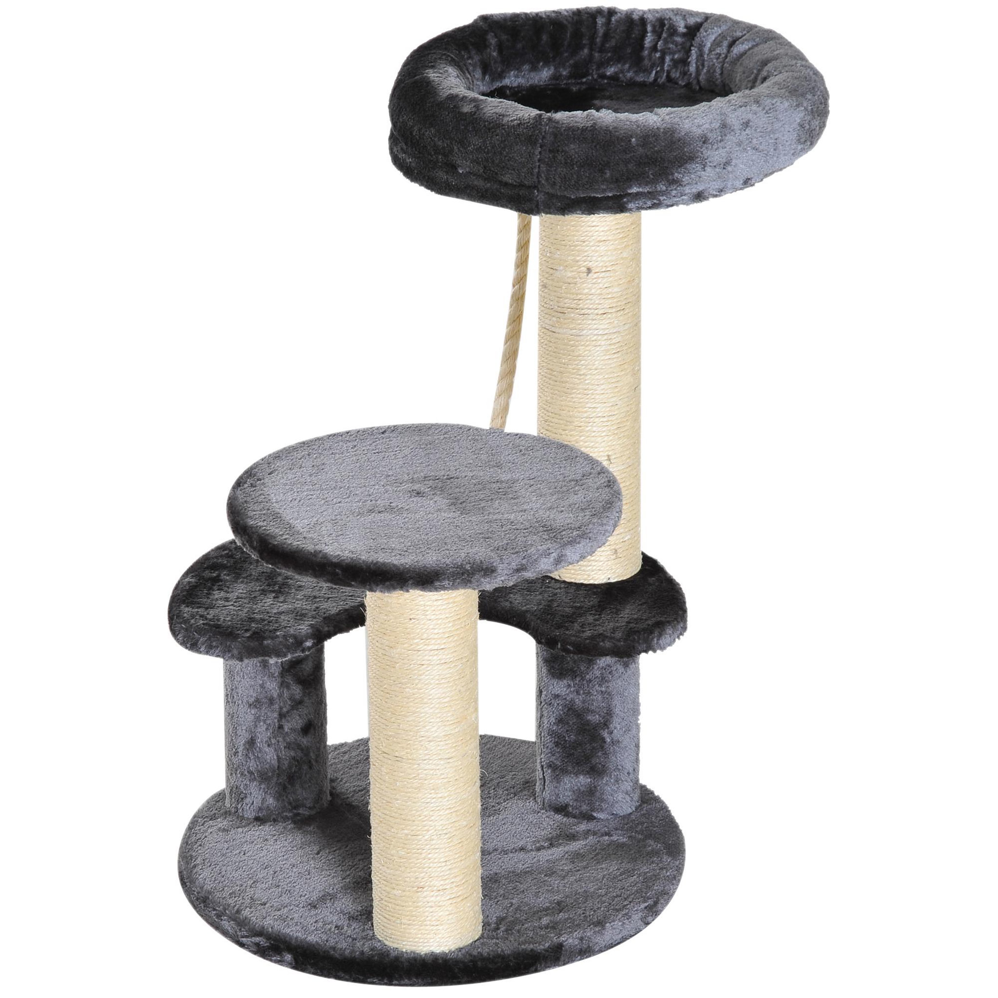 Voir la diapositive 4 : PAWHUT Arbre à chats 2 griffoirs grattoirs sisal naturel 3 plateformes corde à grimper dim. Ø 40 x 65h cm peluche haute densité 500 g/m² gris