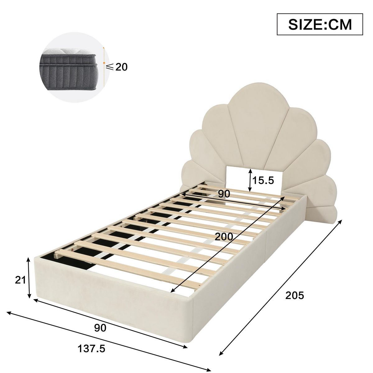 MERAX Lit simple enfant rembourré 90x200cm velours coloris beige