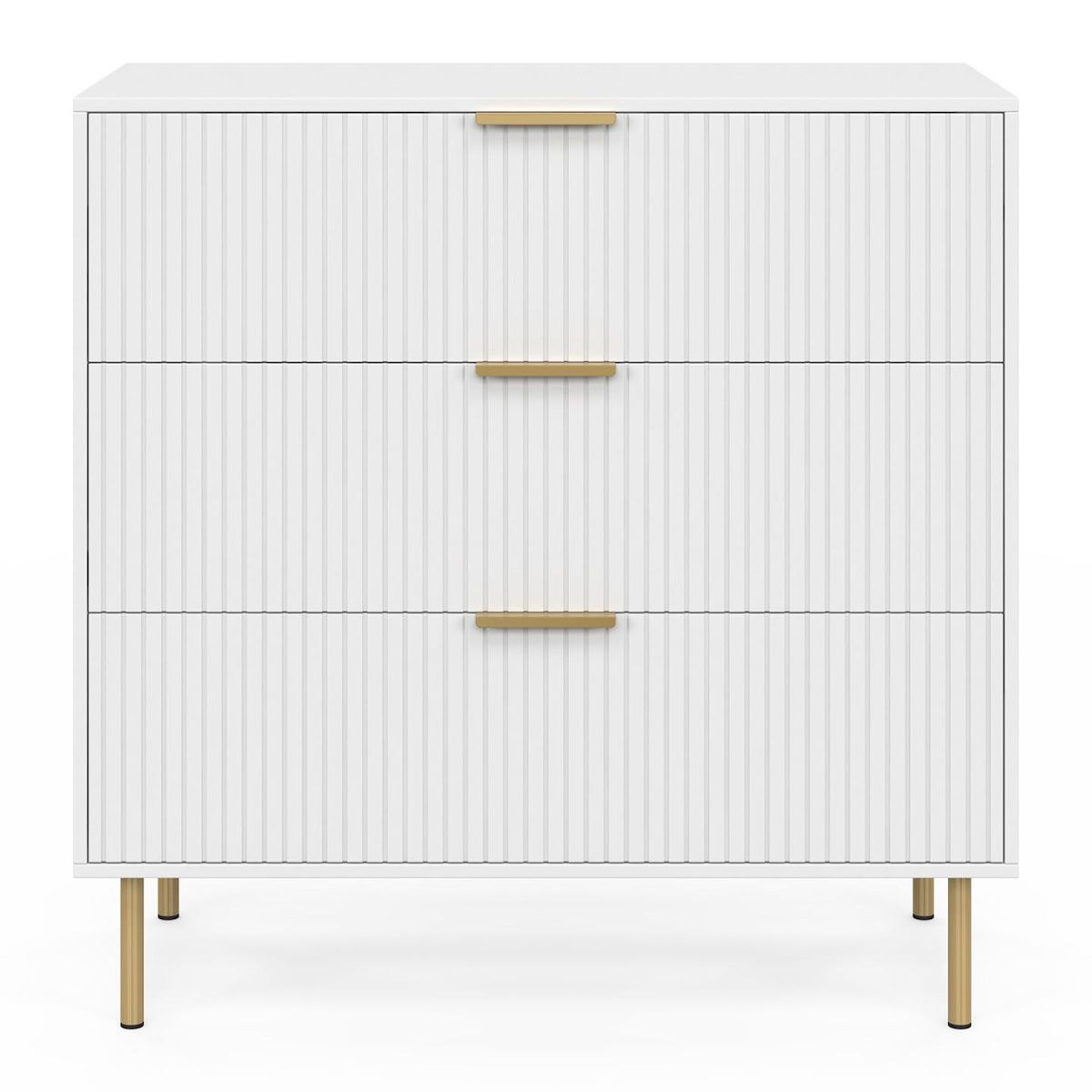 ID MARKET Commode 3 tiroirs MARCEL 80 cm lattes blanc et doré