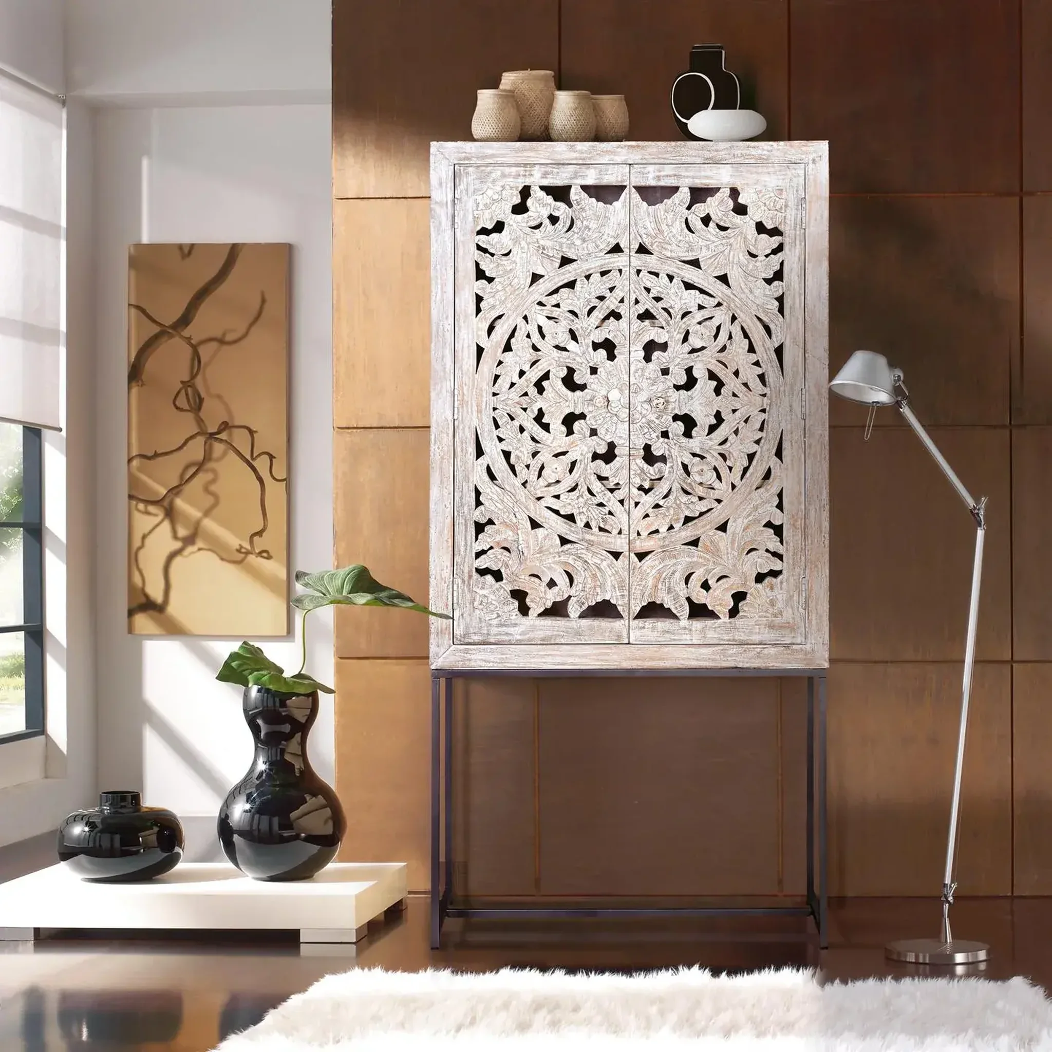 Voir la diapositive 2 : GINER Y COLOMER SL Vaisselier en bois de manguier 85 cm style ethnique boho sculpté