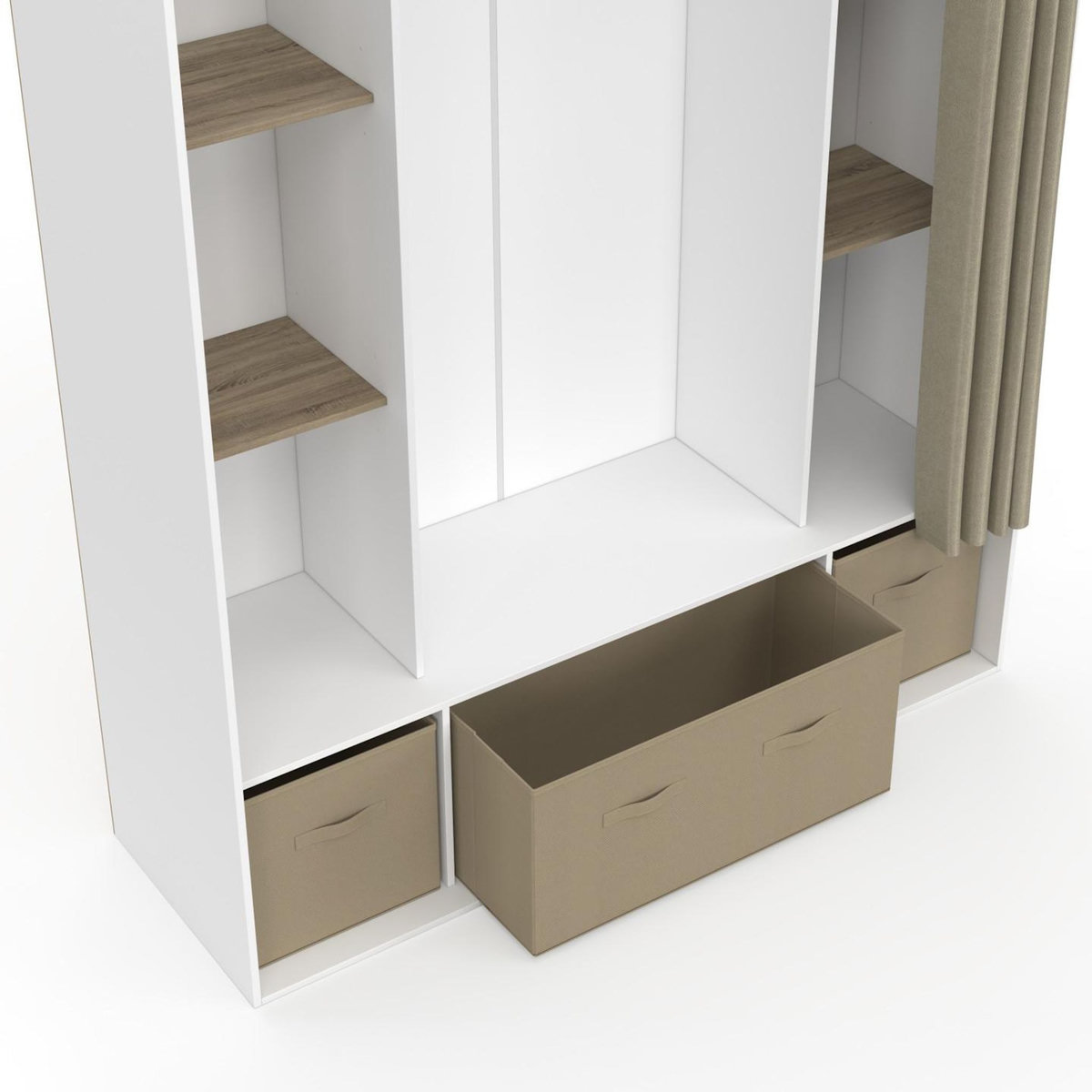 ID MARKET Dressing double penderie DIANE 140 x 45 x 167 cm blanc avec étagères + boites de rangement + rideau taupe