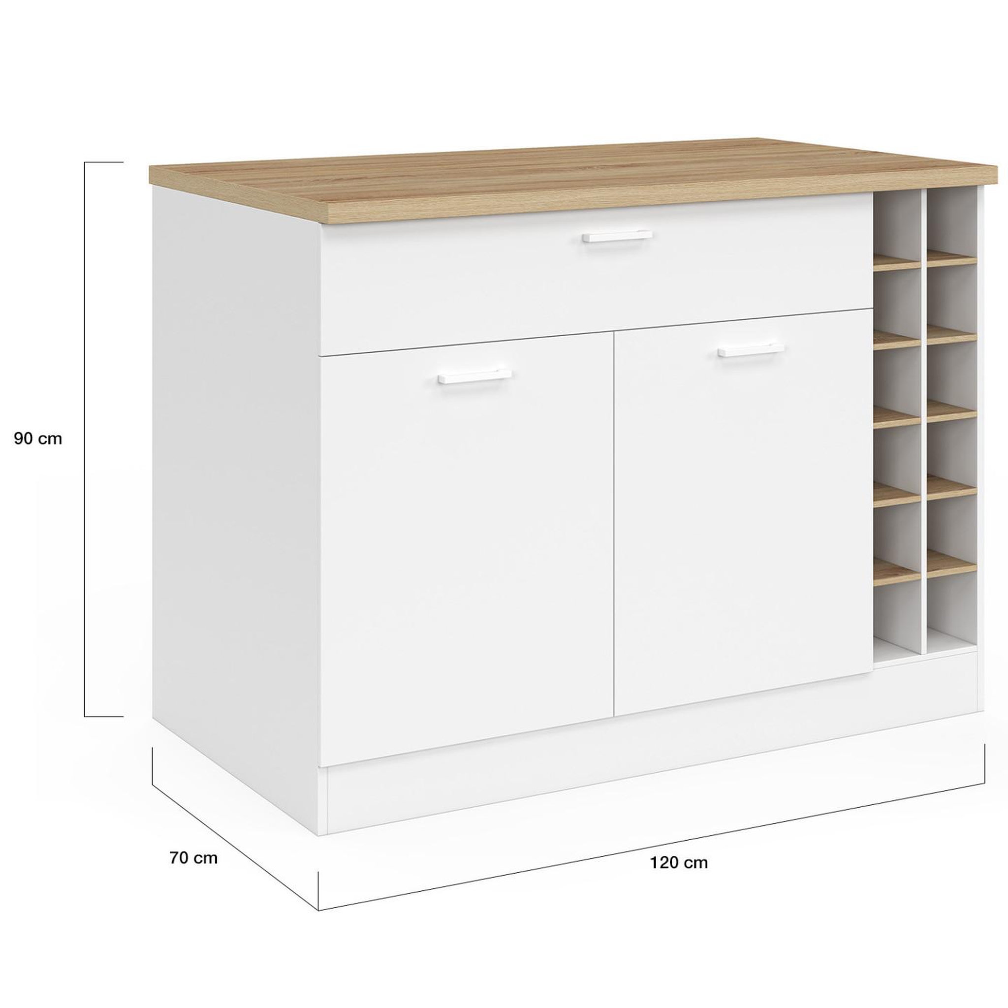 Voir la diapositive 6 : ID MARKET Ilot central george 120 cm avec range-bouteilles placard et tiroir bois blanc avec plan de travail façon hêtre