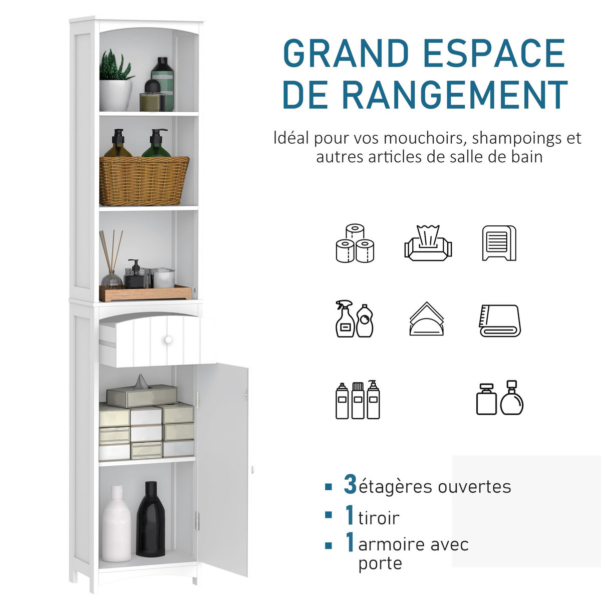 HOMCOM Meuble colonne de salle de bain moderne 34L x 24l x 170H cm blanc