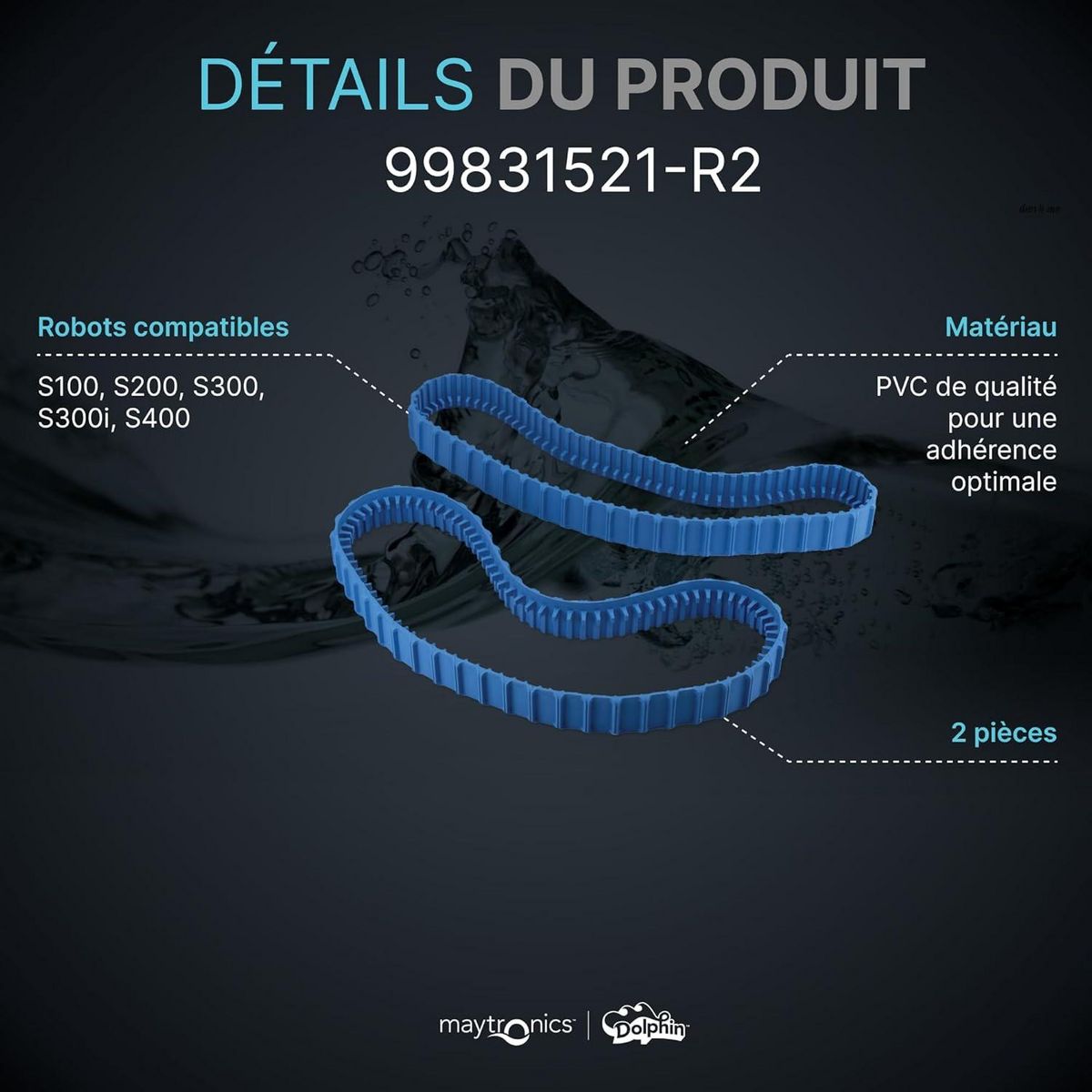 Dolphin Chenilles de remplacement bleues (2 pièces) pour robot dolphin s100, s200, s300, s300i, s400 - 99831521-r2