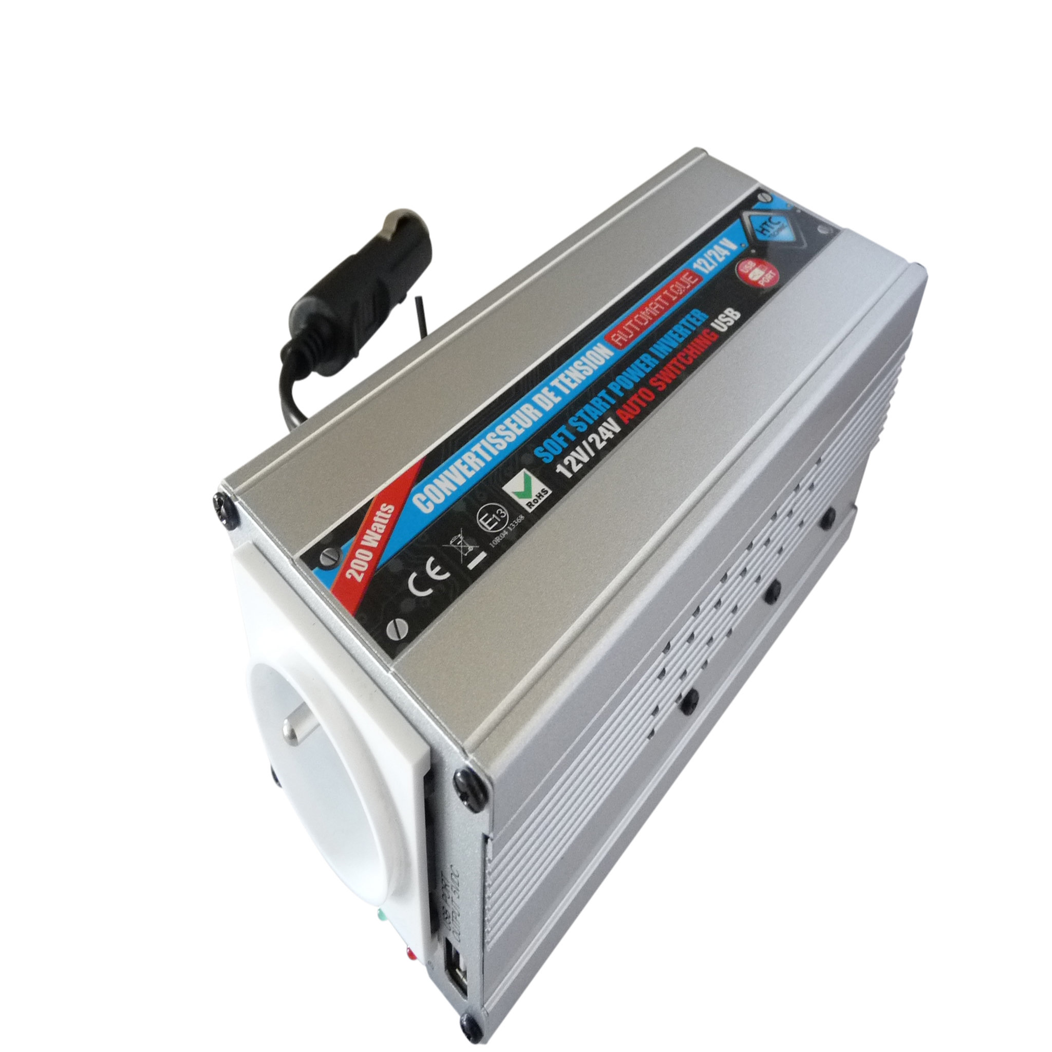 Convertisseur de tension automatique 12-24V / 220V - 200W avec prise USB 0.5 A
