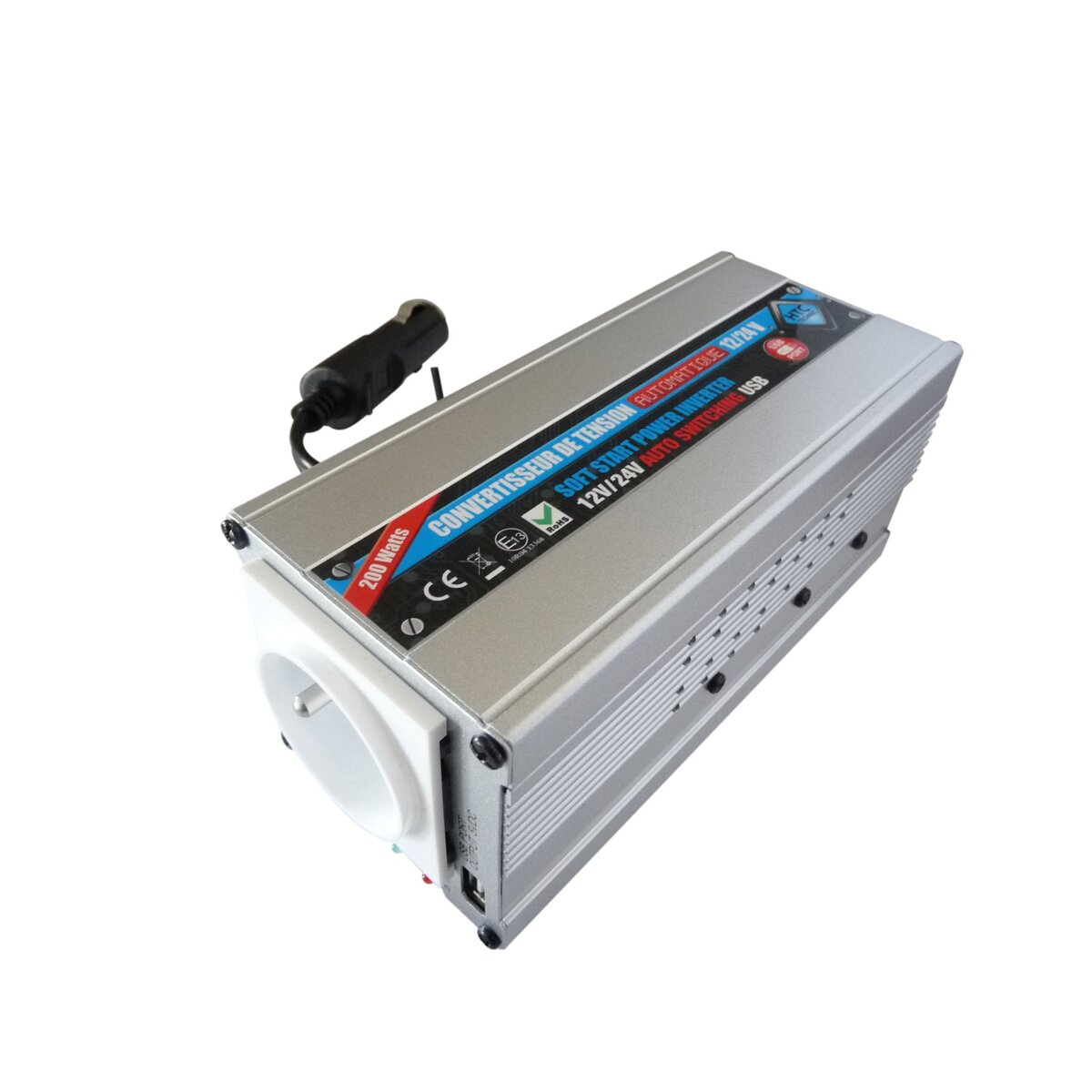 Convertisseur de tension automatique 12-24V / 220V - 200W avec prise USB 0.5 A