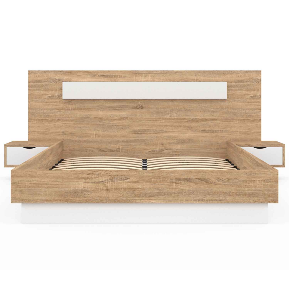 ID MARKET Lit double SANTA avec tête de lit + tables de chevet intégrées et sommier 140 x 190 cm bois et blanc