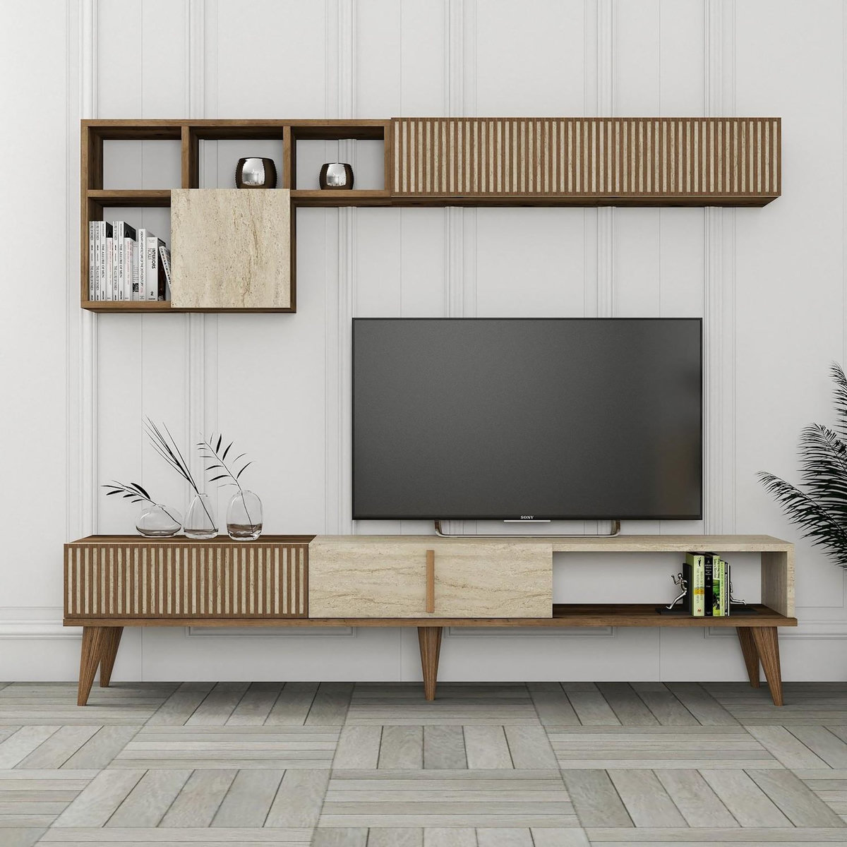 Habitat et Jardin Meuble TV en bois  Milan  - 180 x 35 x 40 cm - Noyer, Travertin