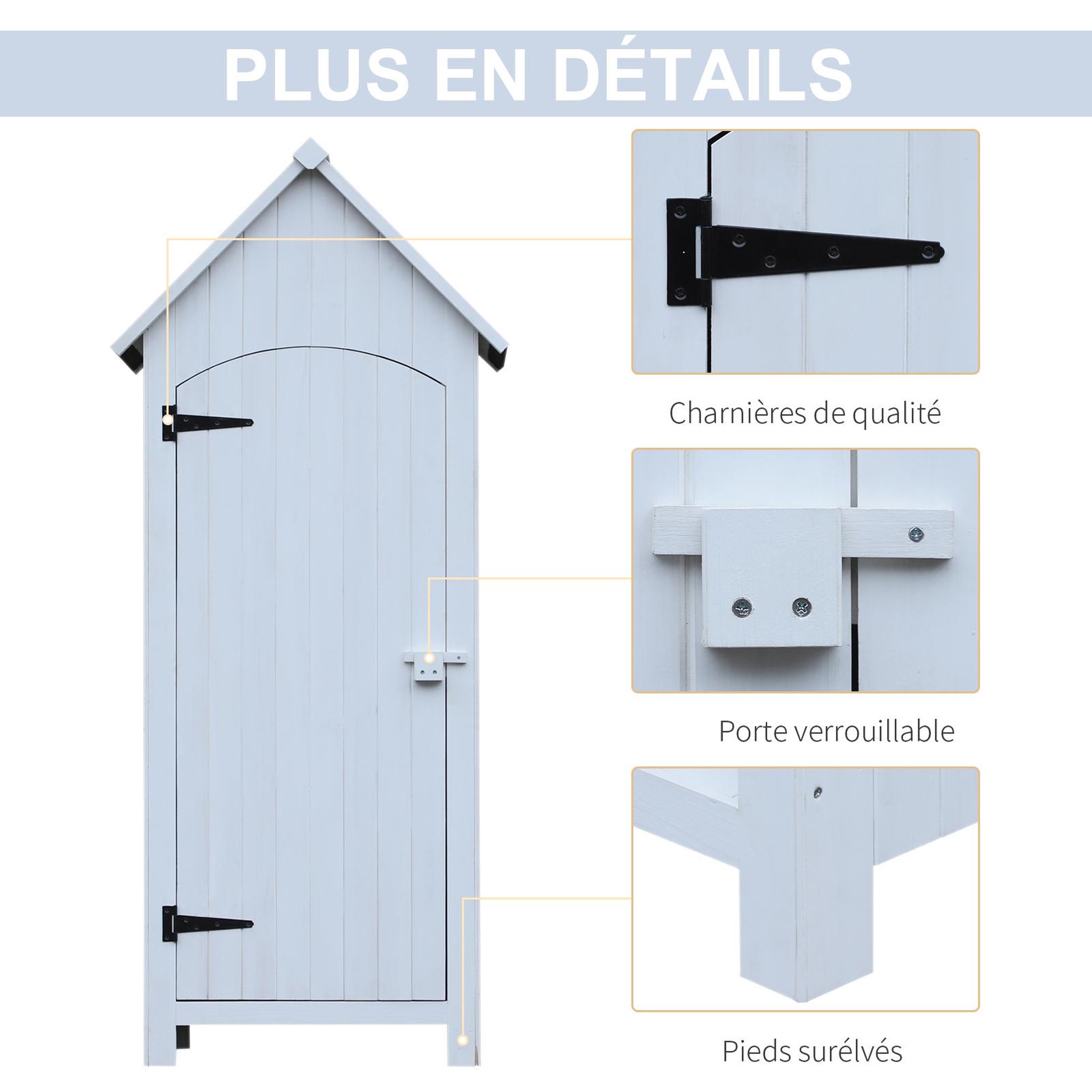 Voir la diapositive 6 : OUTSUNNY Armoire abri de jardin remise pour outils 3 étagères porte loquet toit pente bitumé dim. 77L x 54l x 179H cm bois sapin pré-huilé blanc