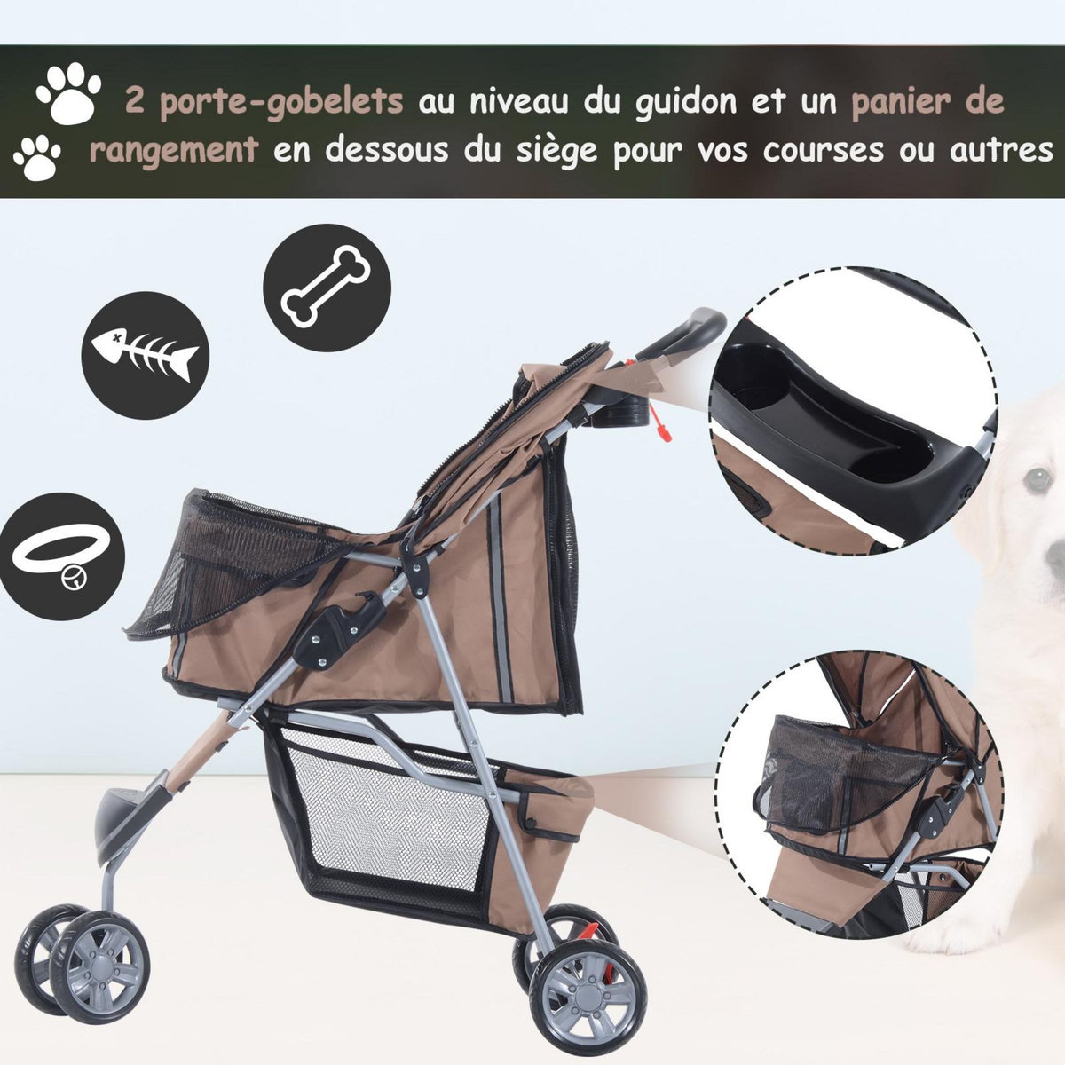 PAWHUT Poussette buggy pour chien chat animaux roue avant pivotante 360 degrés marron
