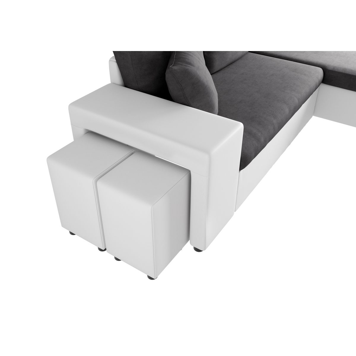 Canapé angle droit convertible + 2 poufs + coffre tissu simili ANETTA