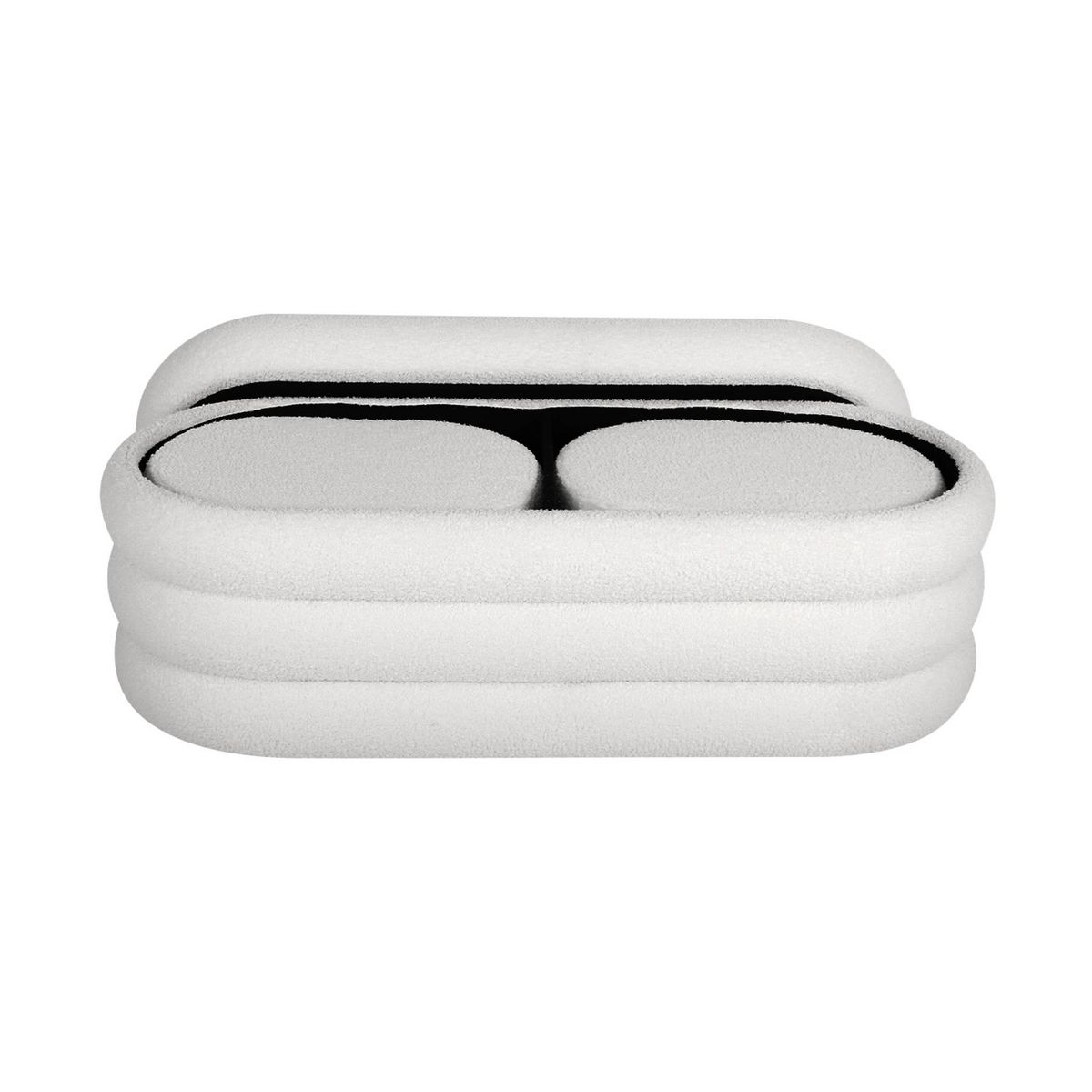 SWEEEK Banc coffre en bouclettes blanches avec 2 poufs ovales de rangement intégrés - L111cm