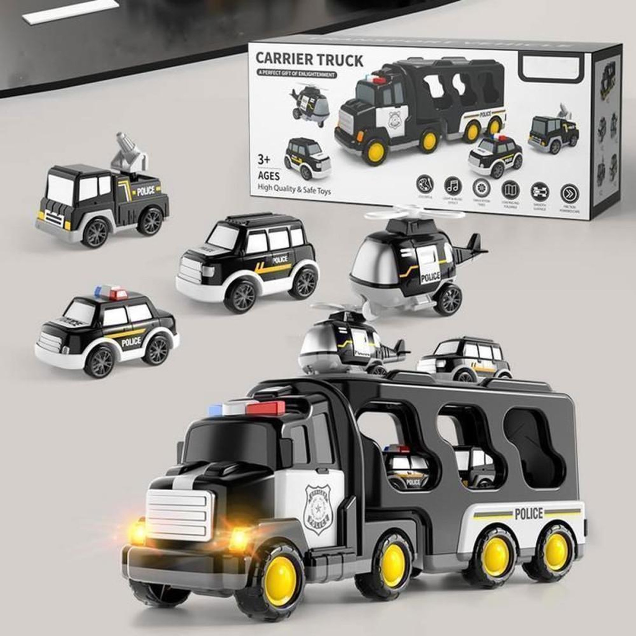 Voir la diapositive 5 : Set 5 véhicules de police : camion porte-voitures, 3 voitures et 1 hélicoptère ABS sans BPA, lumières et musique, noir, dès 3 ans