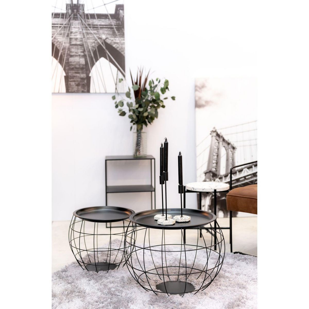 KB8 Lot de 3 tables d'appoint ou tables gigogne ronde effet boule en Métal - Noir