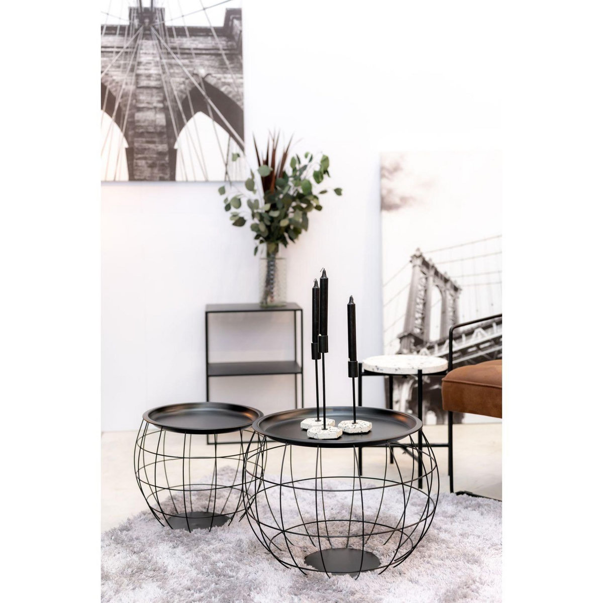 KB8 Lot de 3 tables d'appoint ou tables gigogne ronde effet boule en Métal - Noir