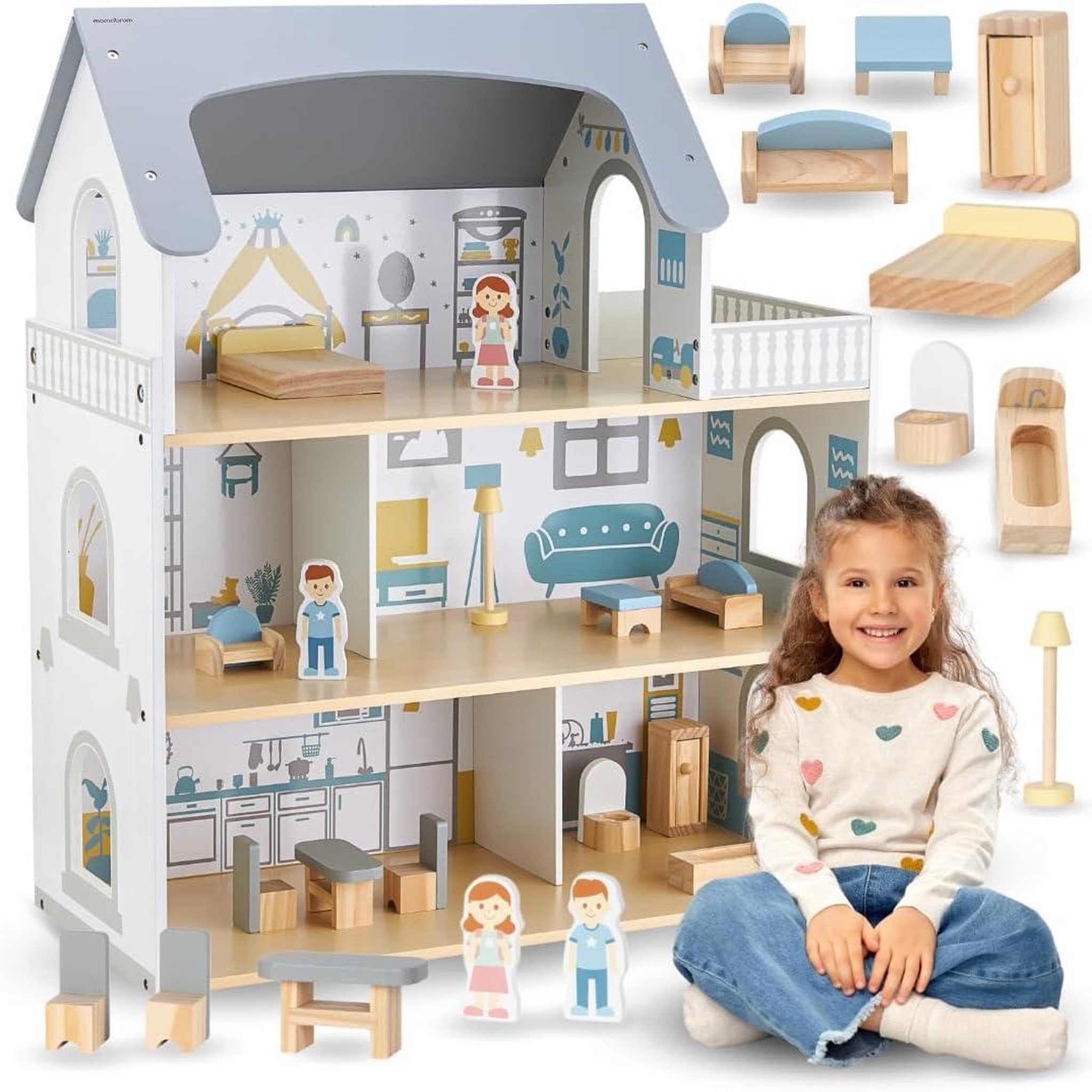 Voir la diapositive 2 : MAMABRUM Maison de Poupée Bois avec Terrasse et Accessoires, 3 Niveaux, 5 Pièces, Meubles Amovibles